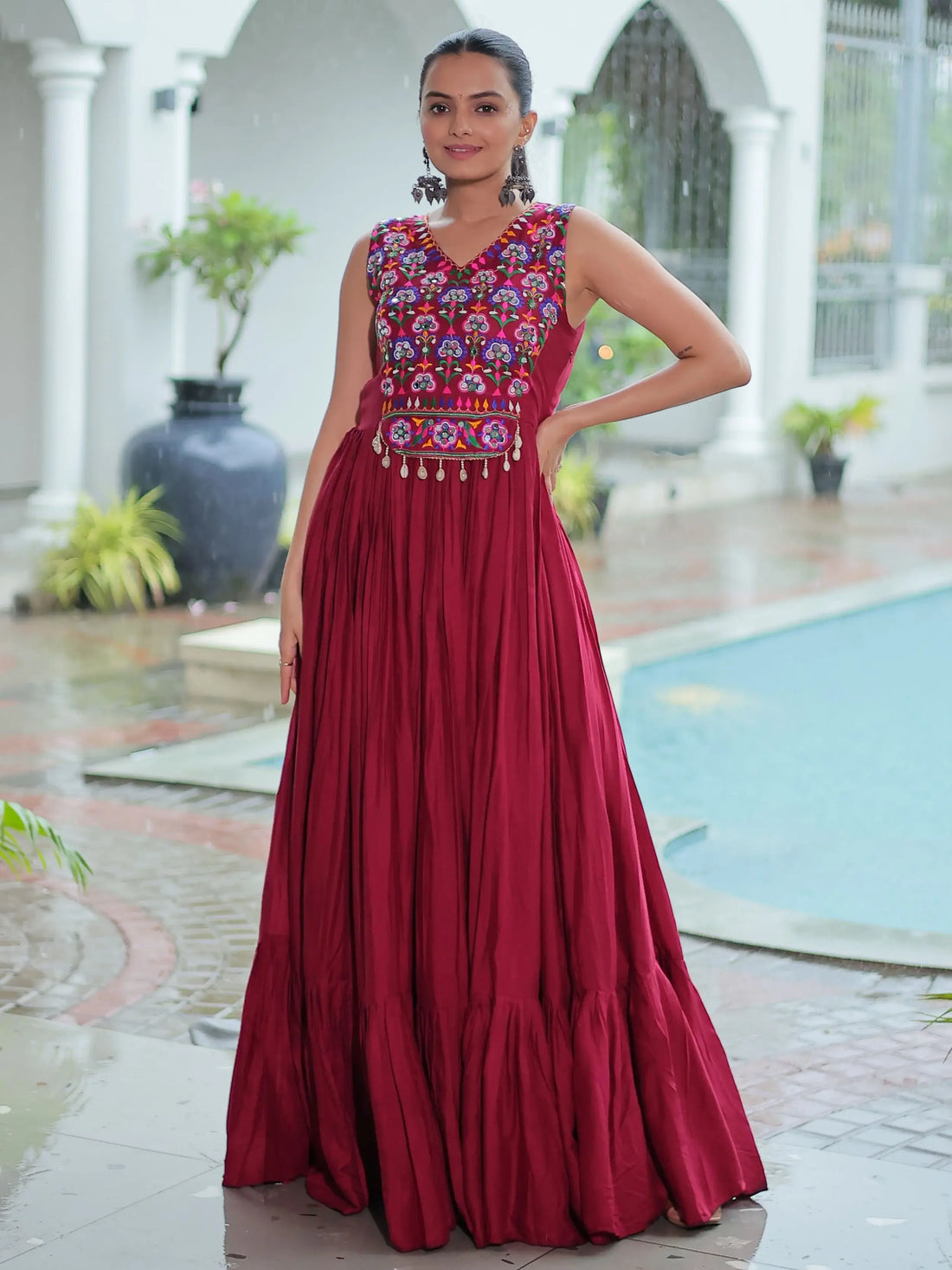 Astonishing Maroon Gamthi Work Rayon Navratri Special Gown - Zeel Clothing