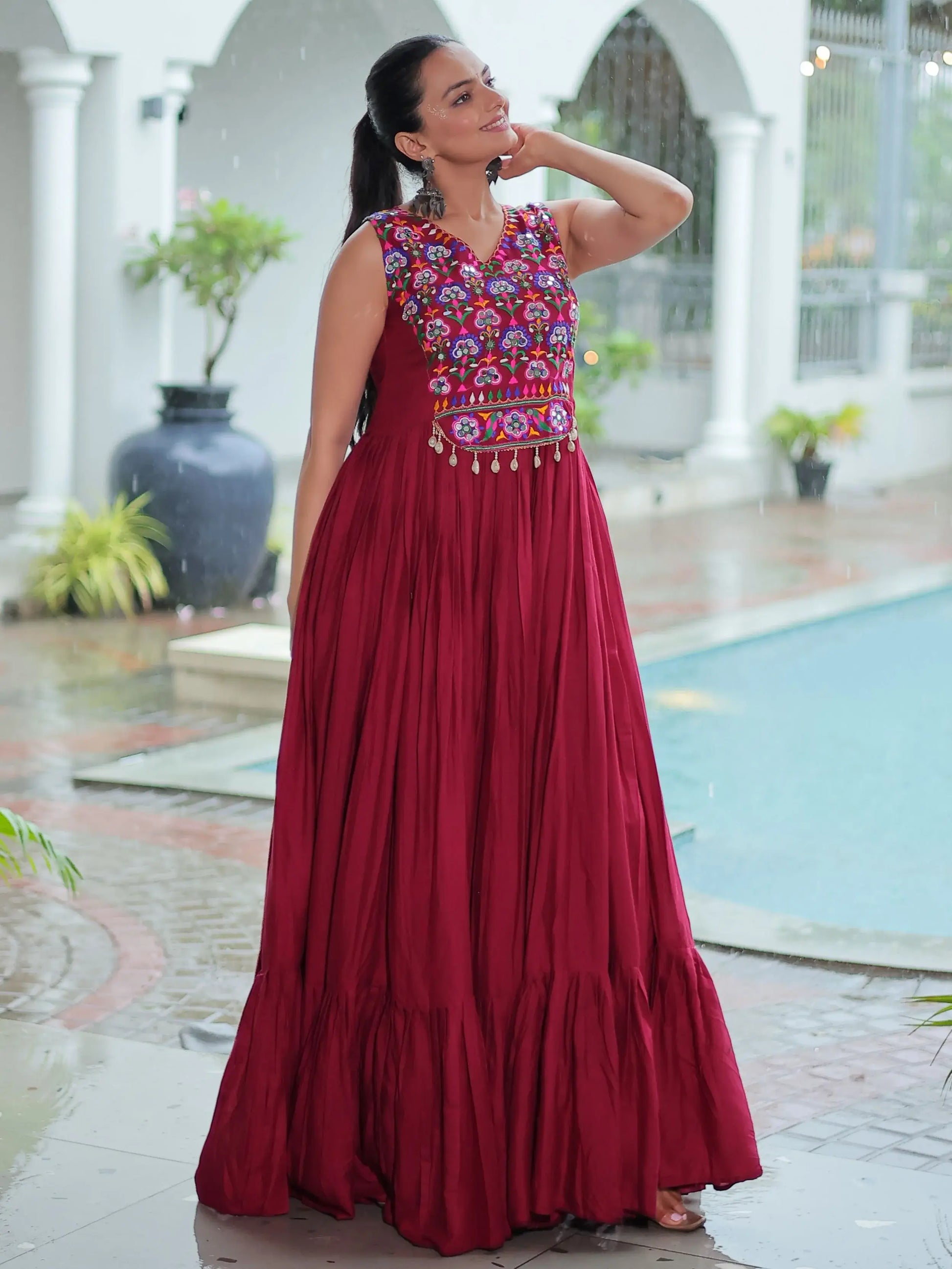 Astonishing Maroon Gamthi Work Rayon Navratri Special Gown - Zeel Clothing