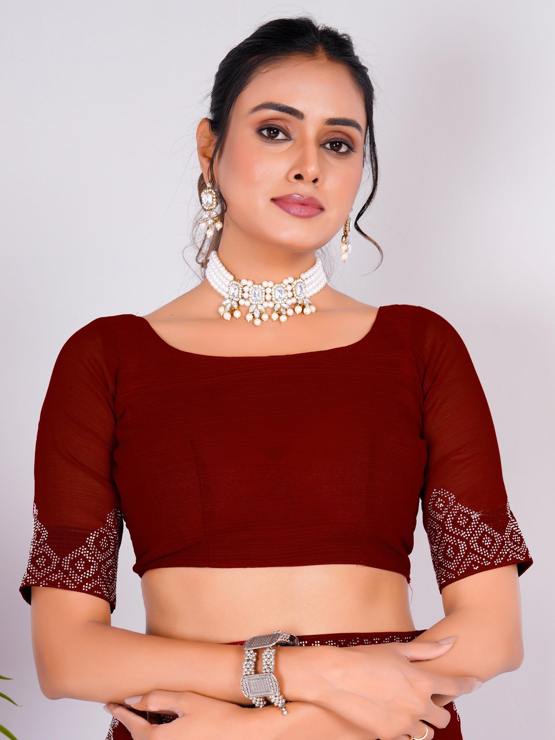 Astonishing Maroon Swarovski Work Georgette Saree With Blouse