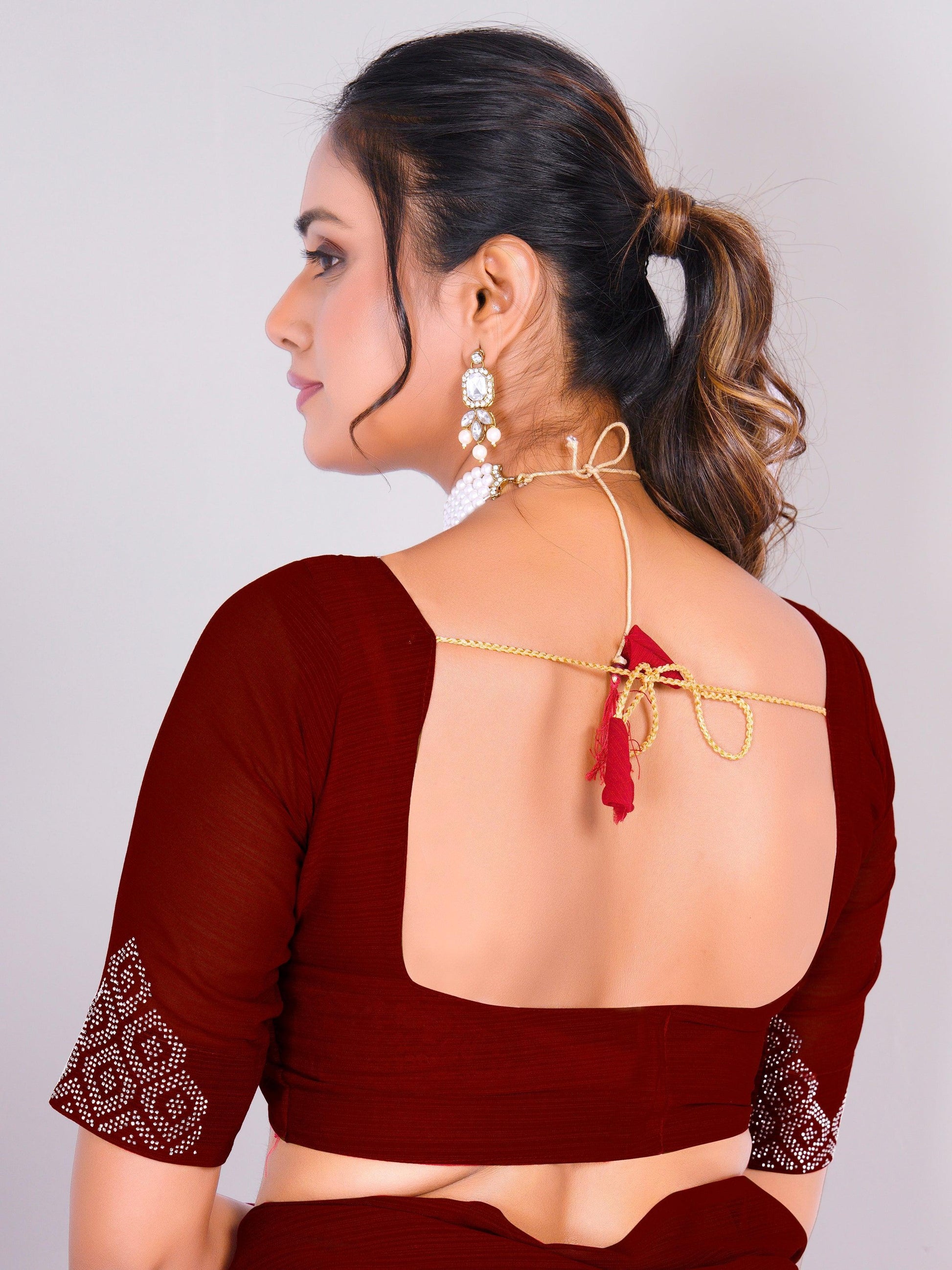 Astonishing Maroon Swarovski Work Georgette Saree With Blouse
