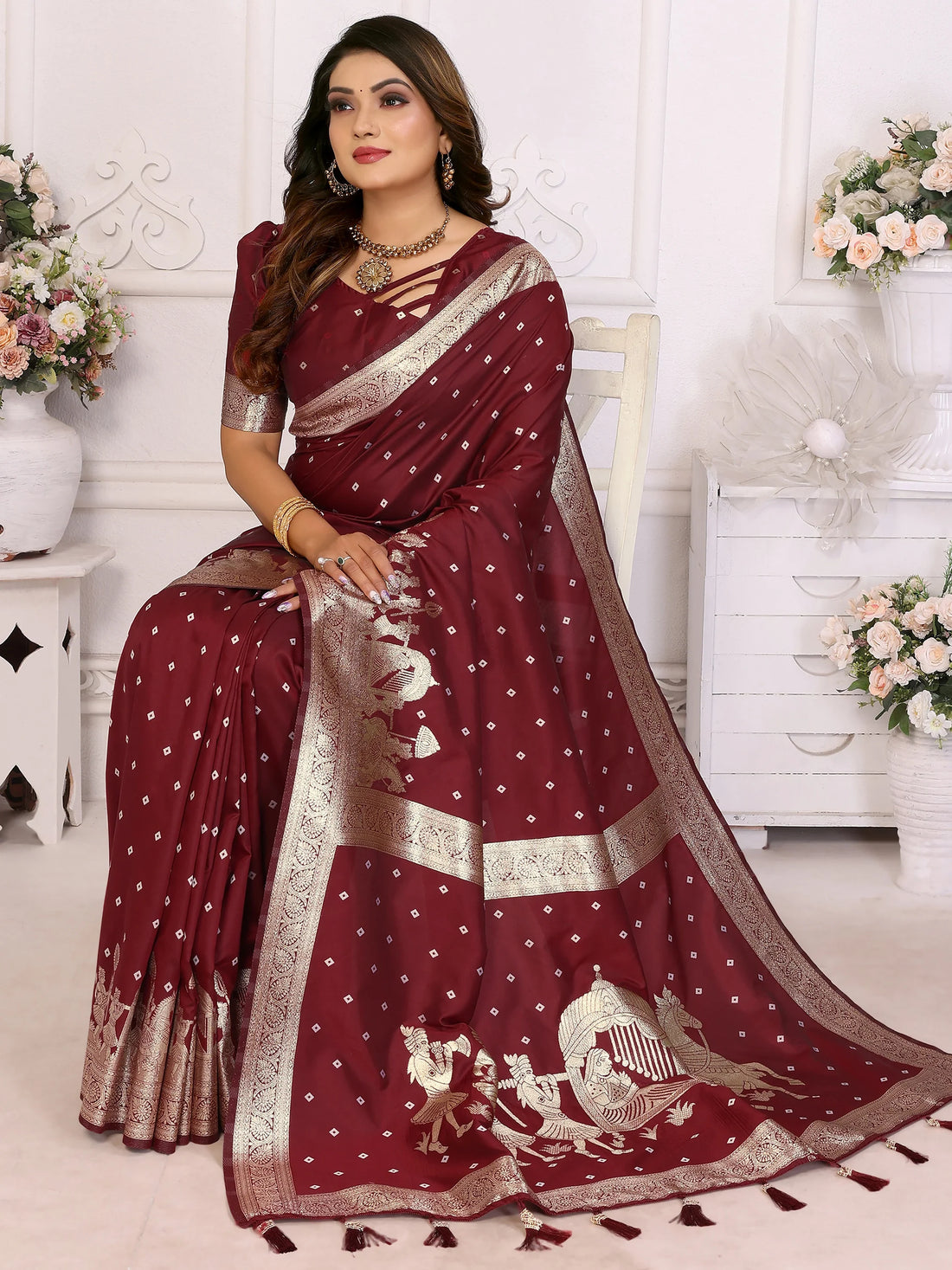 Astonishing Maroon Zari Weaving Kochi Silk Festive Wear Saree With Blouse - Zeel Clothing