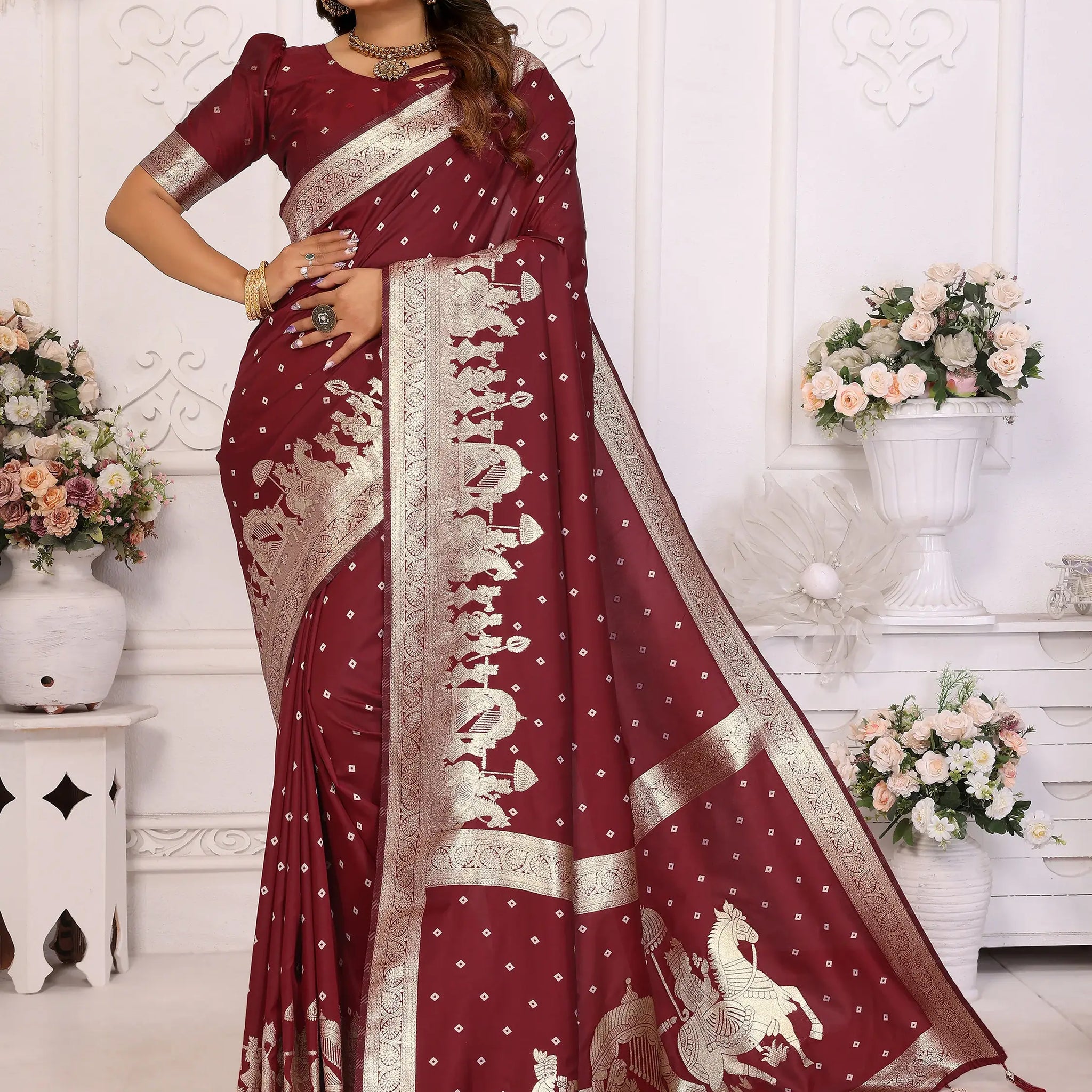 Astonishing Maroon Zari Weaving Kochi Silk Festive Wear Saree With Blouse - Zeel Clothing