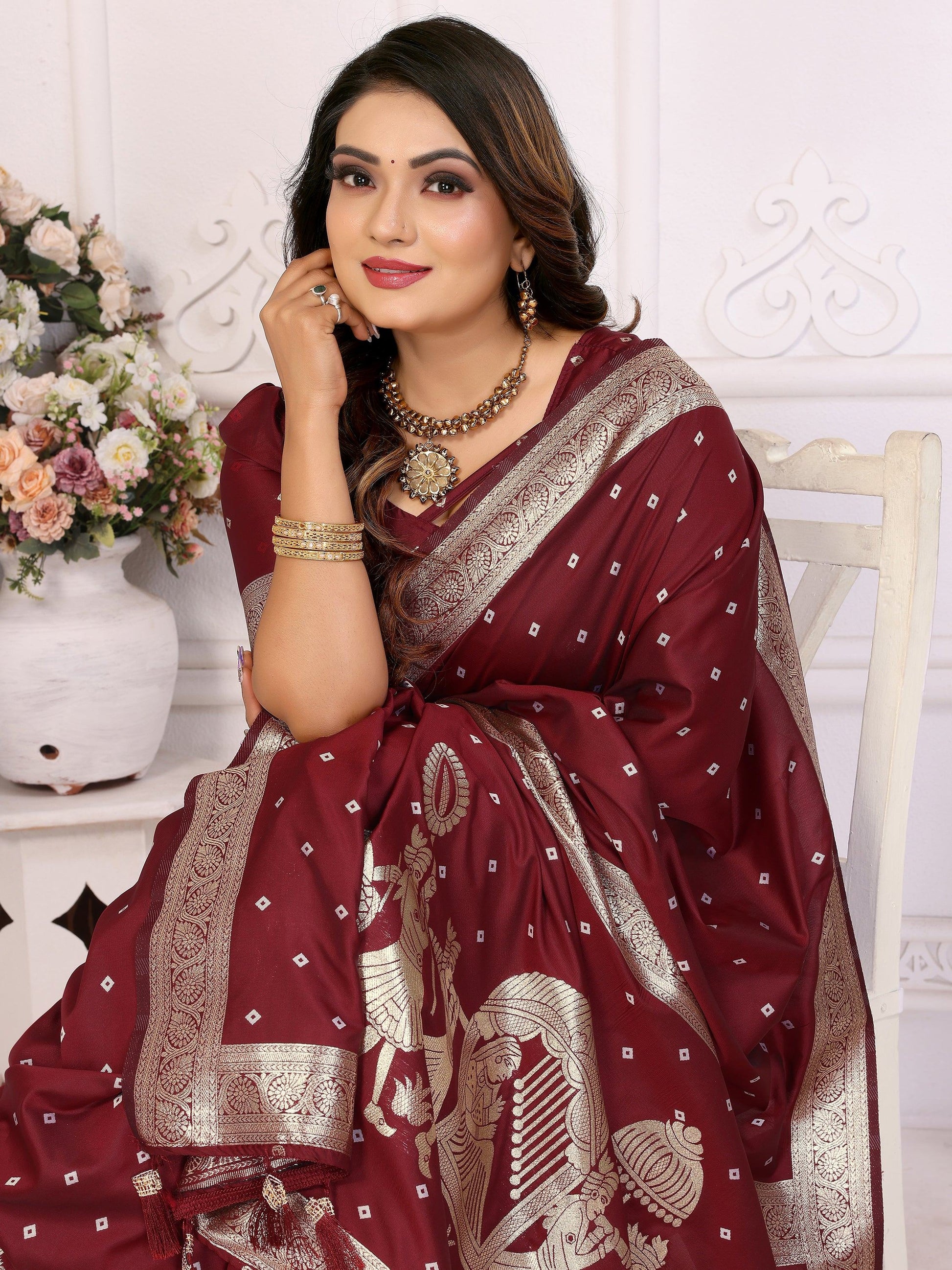 Astonishing Maroon Zari Weaving Kochi Silk Festive Wear Saree With Blouse - Zeel Clothing