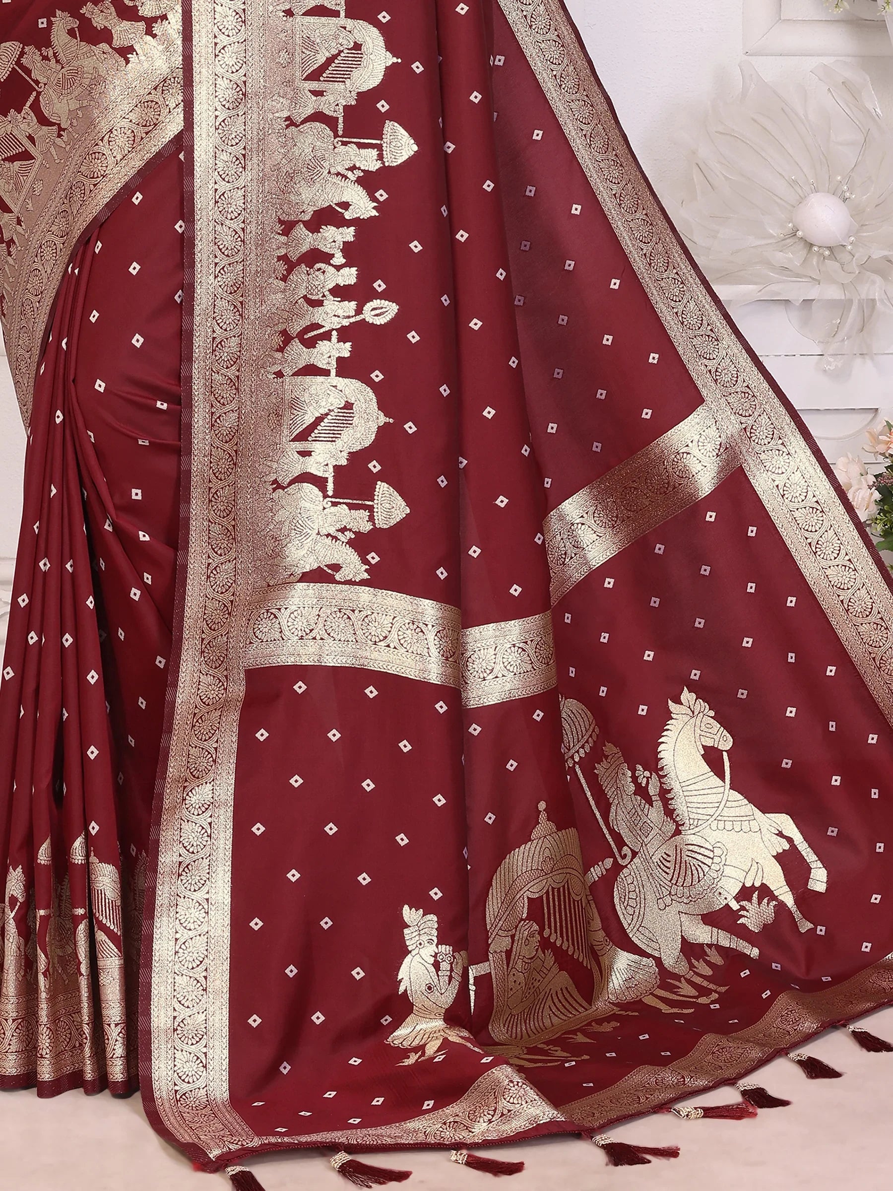 Astonishing Maroon Zari Weaving Kochi Silk Festive Wear Saree With Blouse - Zeel Clothing