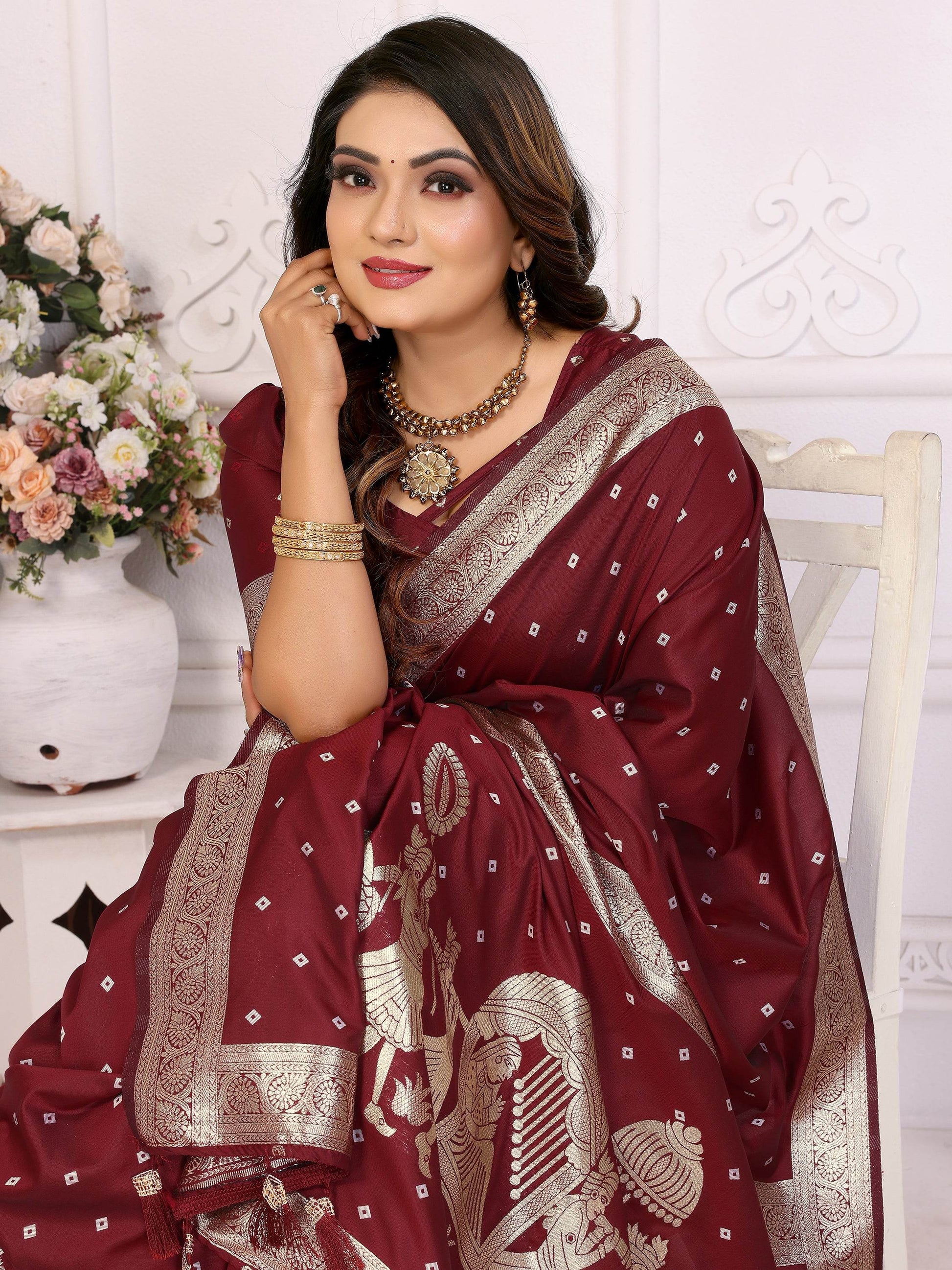 Astonishing Maroon Zari Weaving Kochi Silk Festive Wear Saree With Blouse - Zeel Clothing