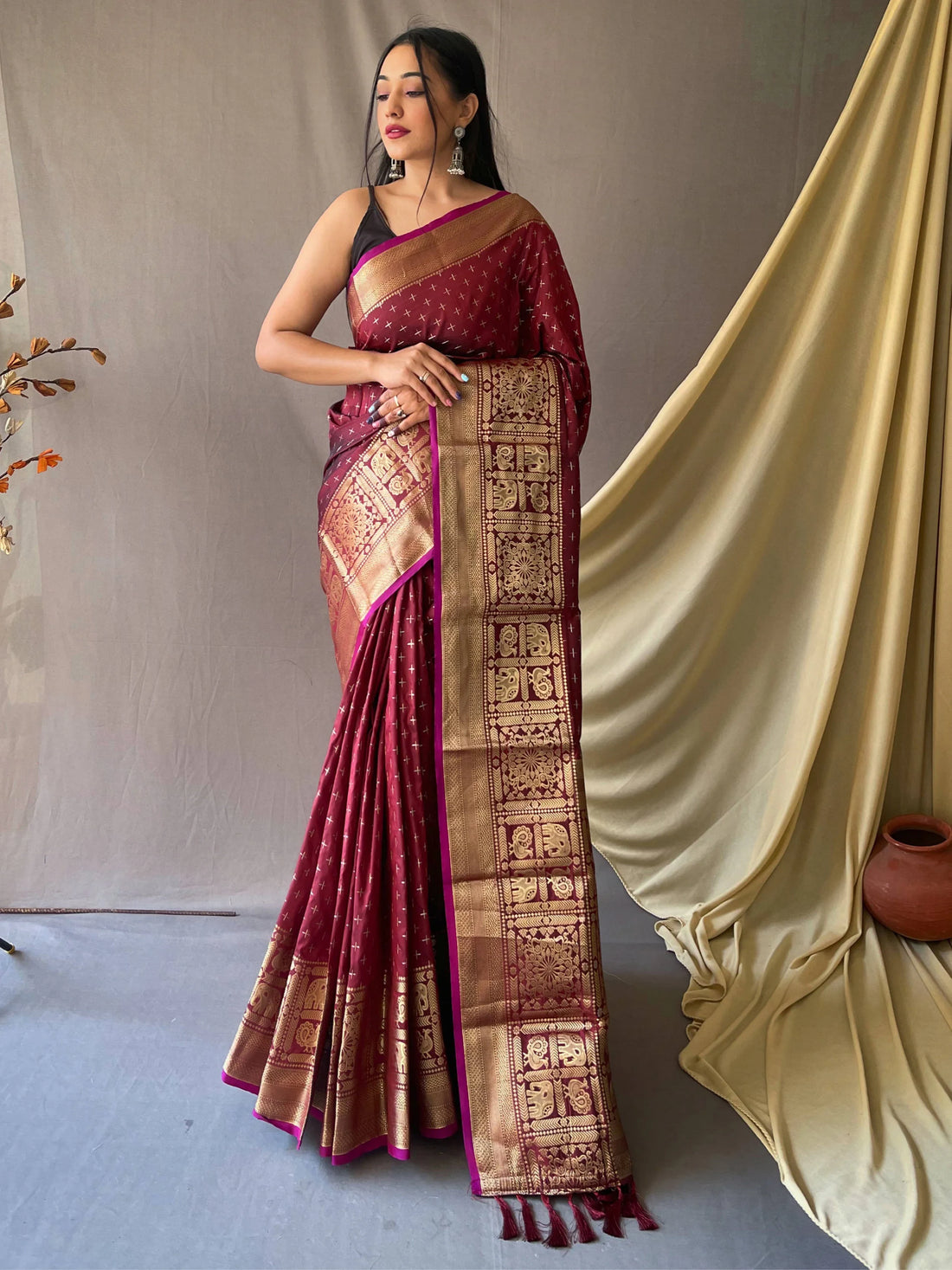 Astonishing Maroon Zari Woven Silk Festival Wear Saree With Blouse - Zeel Clothing