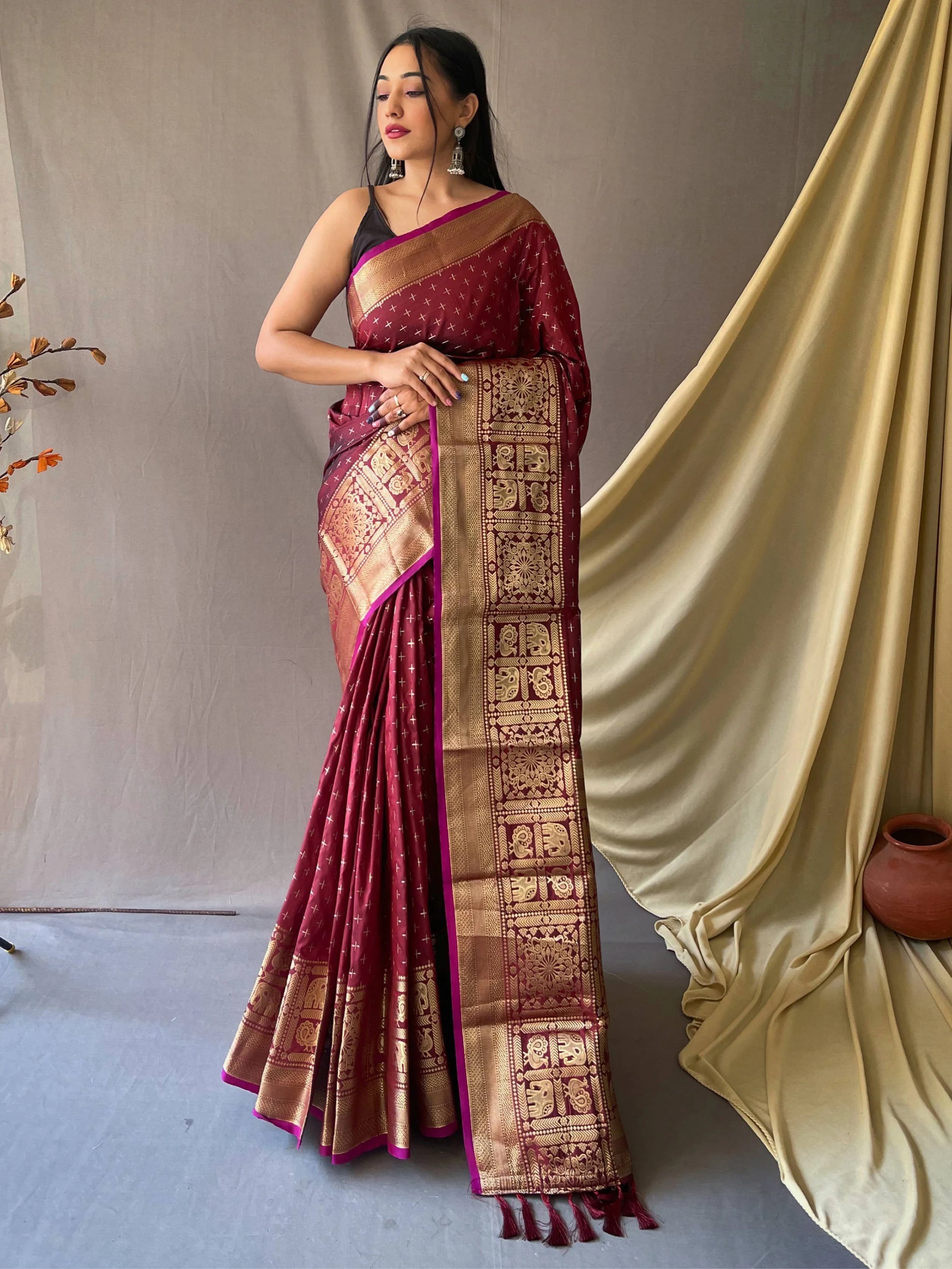 Astonishing Maroon Zari Woven Silk Festival Wear Saree With Blouse - Zeel Clothing
