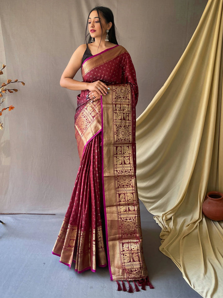 Astonishing Maroon Zari Woven Silk Festival Wear Saree With Blouse - Zeel Clothing