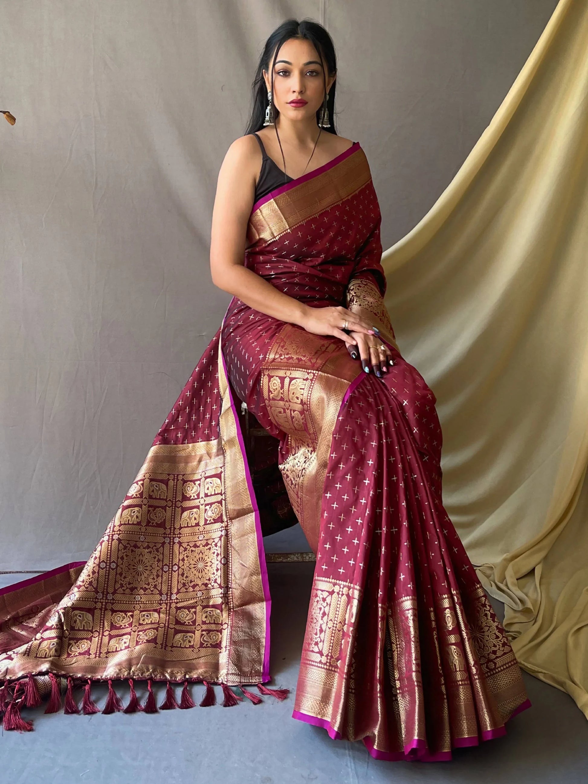 Astonishing Maroon Zari Woven Silk Festival Wear Saree With Blouse - Zeel Clothing