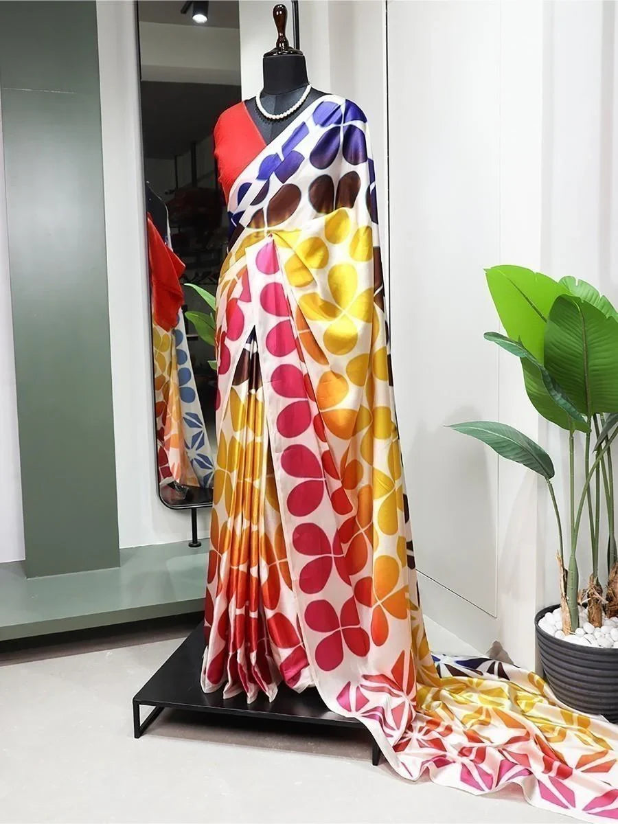 Astonishing Multi-Color Digital Printed Satin Saree With Blouse