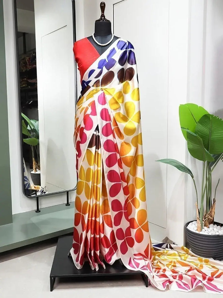 Astonishing Multi-Color Digital Printed Satin Saree With Blouse - Zeel Clothing