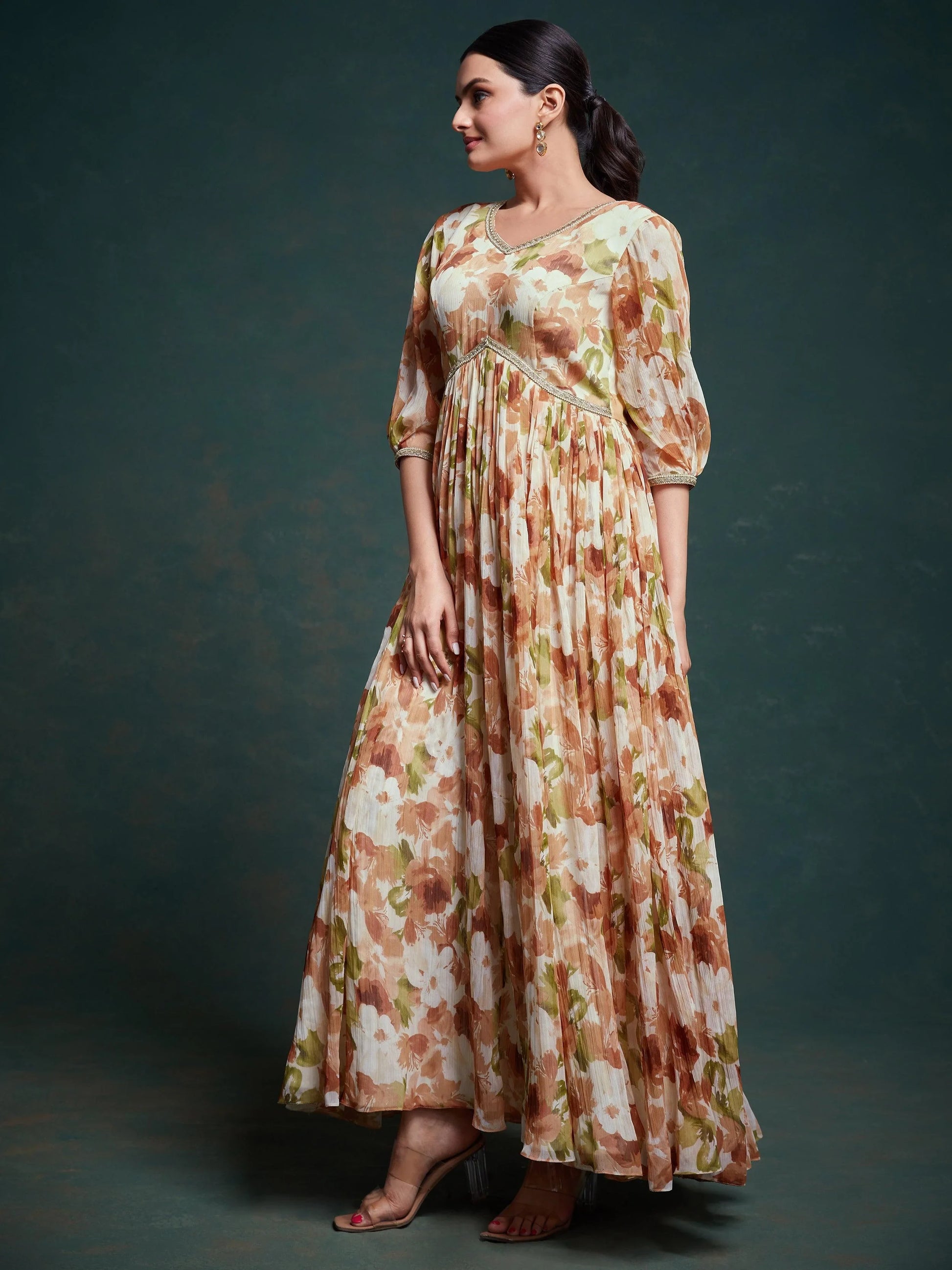 Astonishing Multi-Color Floral Printed Georgette Festival Wear Gown