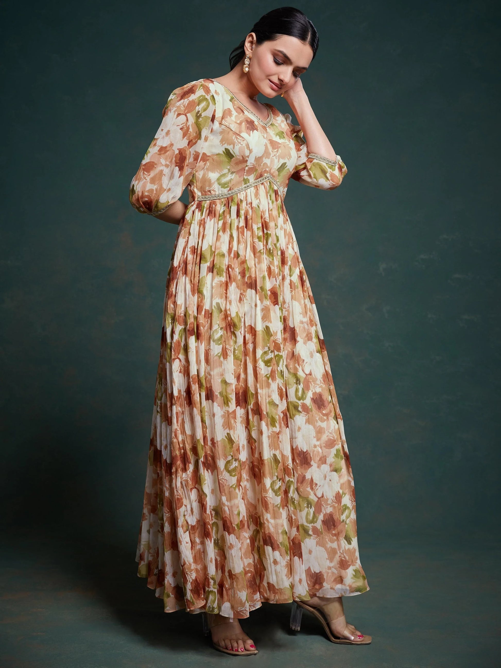Astonishing Multi-Color Floral Printed Georgette Festival Wear Gown