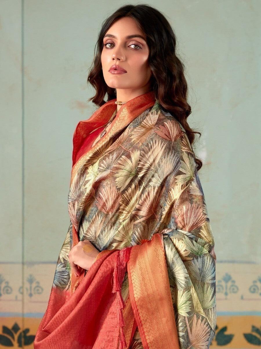 Astonishing Multi-Color Floral Printed Silk Saree With Blouse