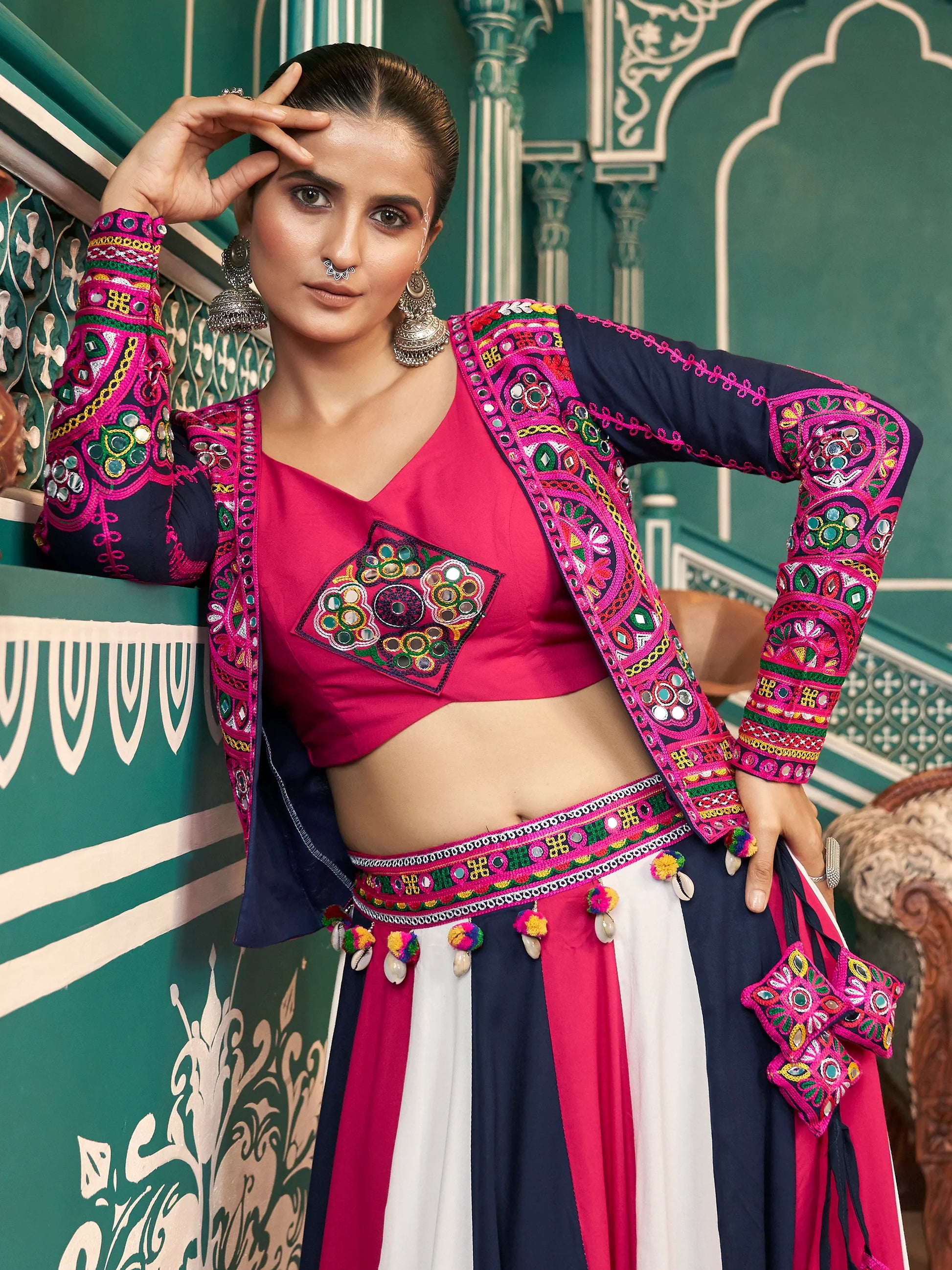 Astonishing Multi-Color Mirror Work Rayon Lehenga Choli With Jacket - Zeel Clothing