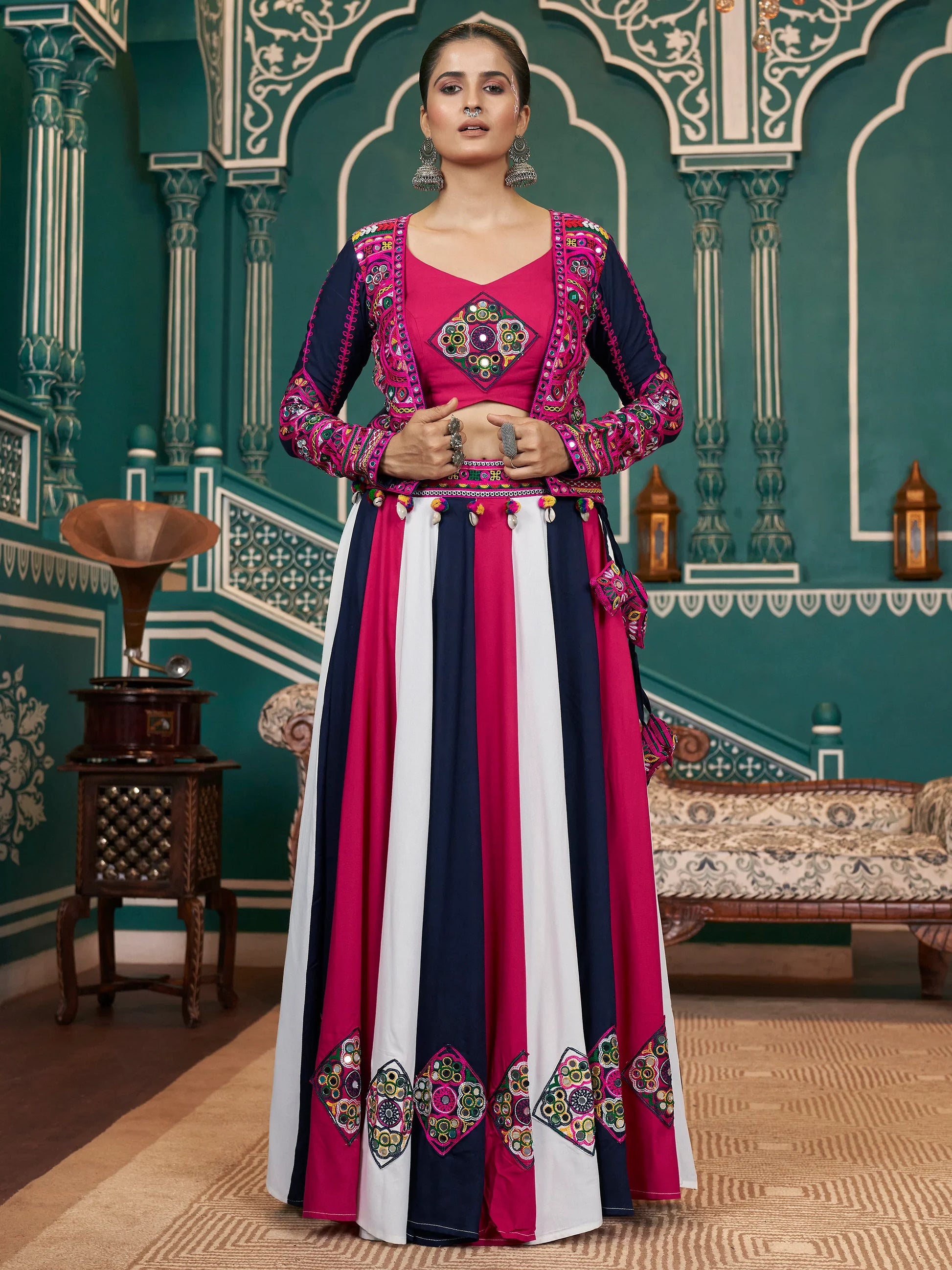 Astonishing Multi-Color Mirror Work Rayon Lehenga Choli With Jacket - Zeel Clothing
