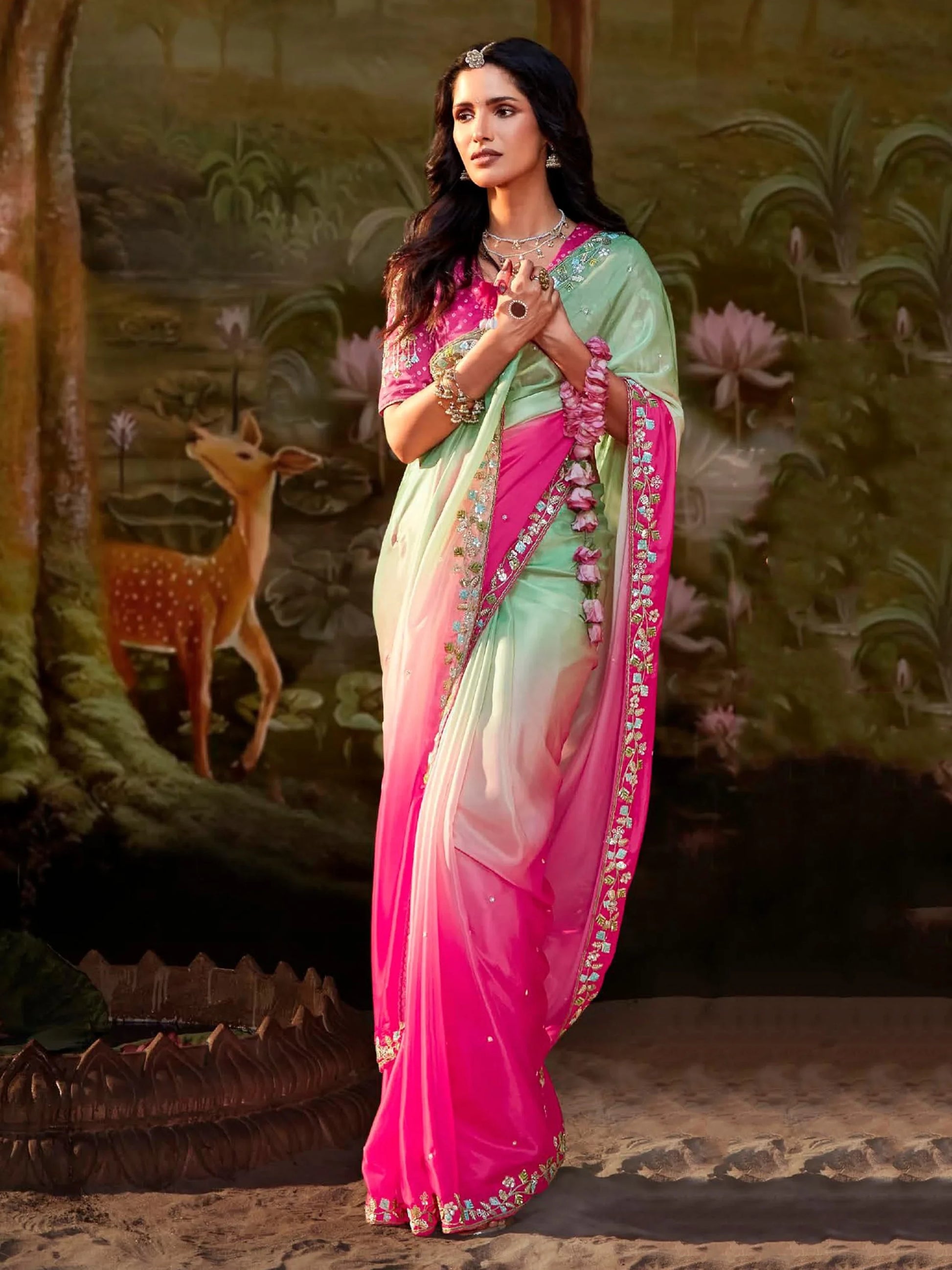 Astonishing Multi-Color Organza Event Wear Saree With Blouse - Zeel Clothing