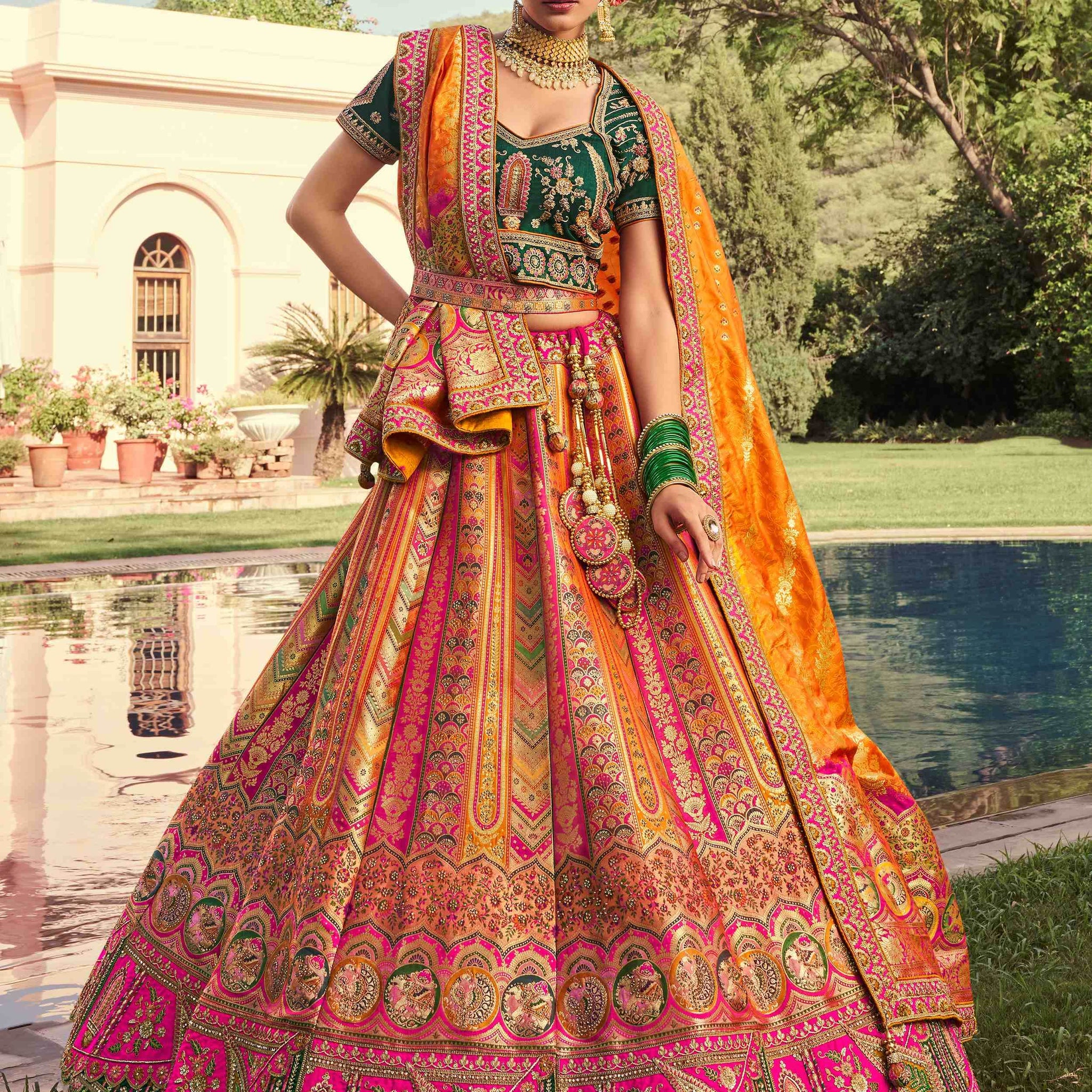 Astonishing Mustard Yellow Sequins Embroidery Banarasi Silk Engagement Wear Lehenga Choli - Zeel Clothing