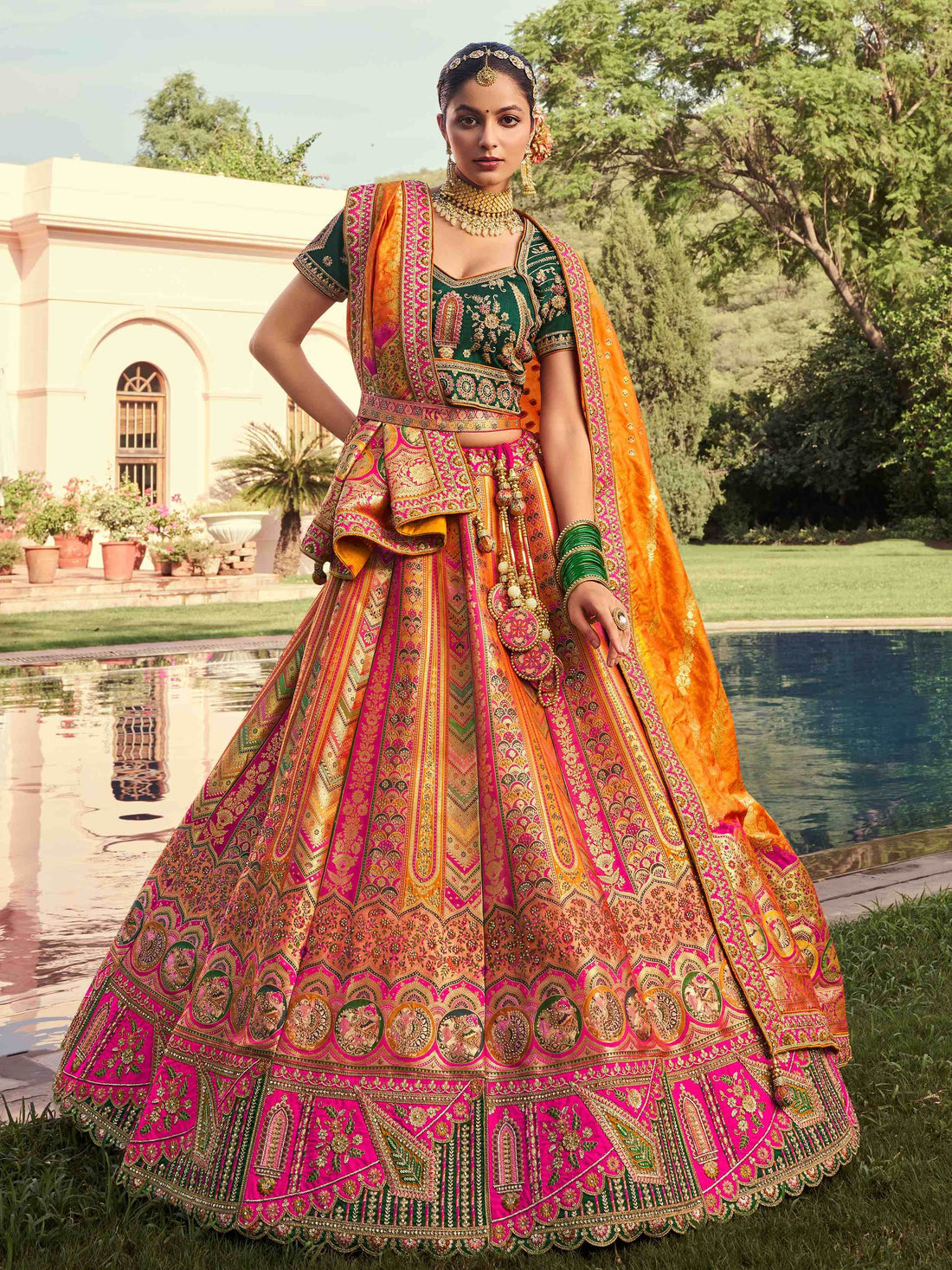 Astonishing Mustard Yellow Sequins Embroidery Banarasi Silk Engagement Wear Lehenga Choli - Zeel Clothing