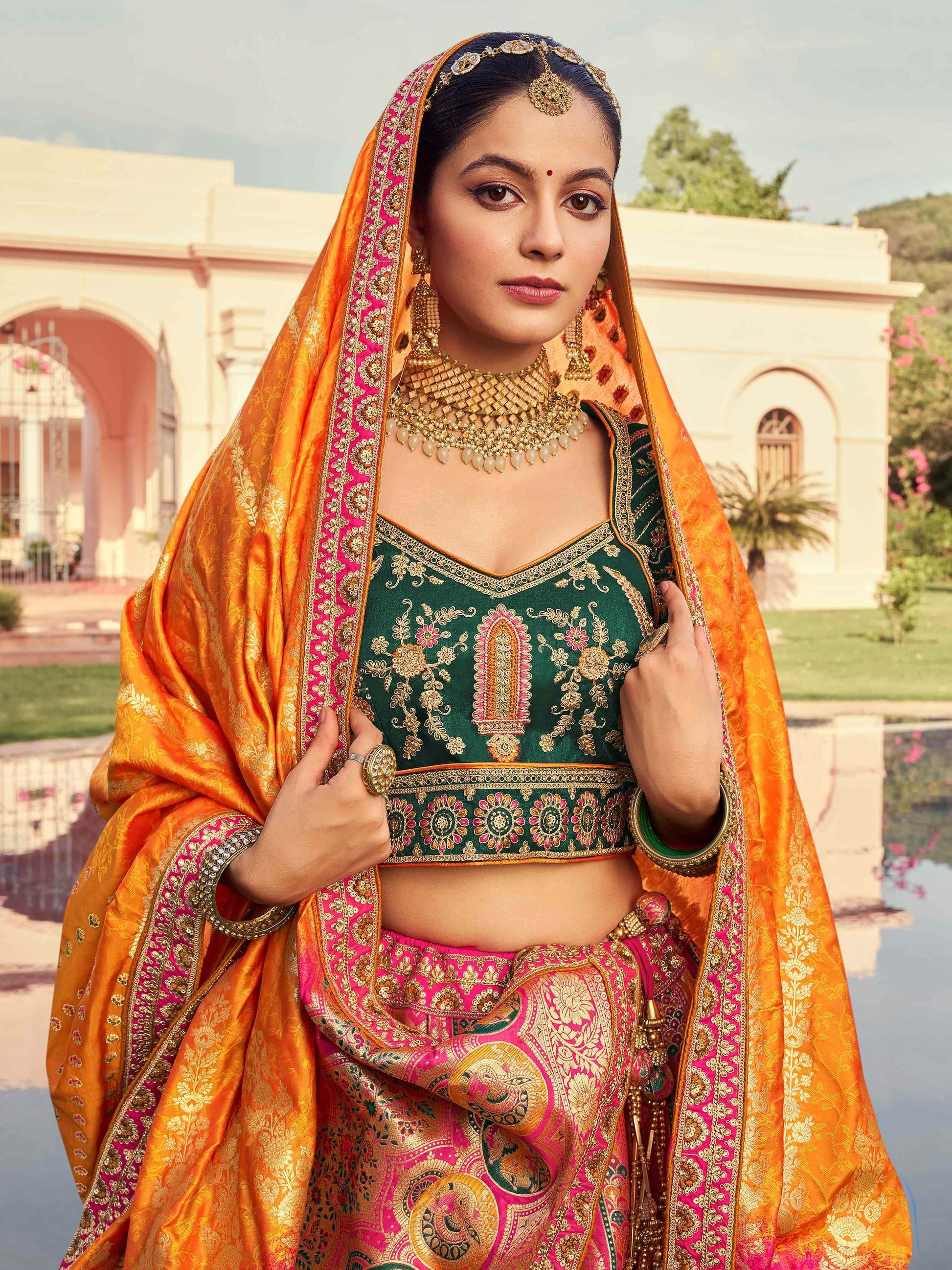 Astonishing Mustard Yellow Sequins Embroidery Banarasi Silk Engagement Wear Lehenga Choli - Zeel Clothing