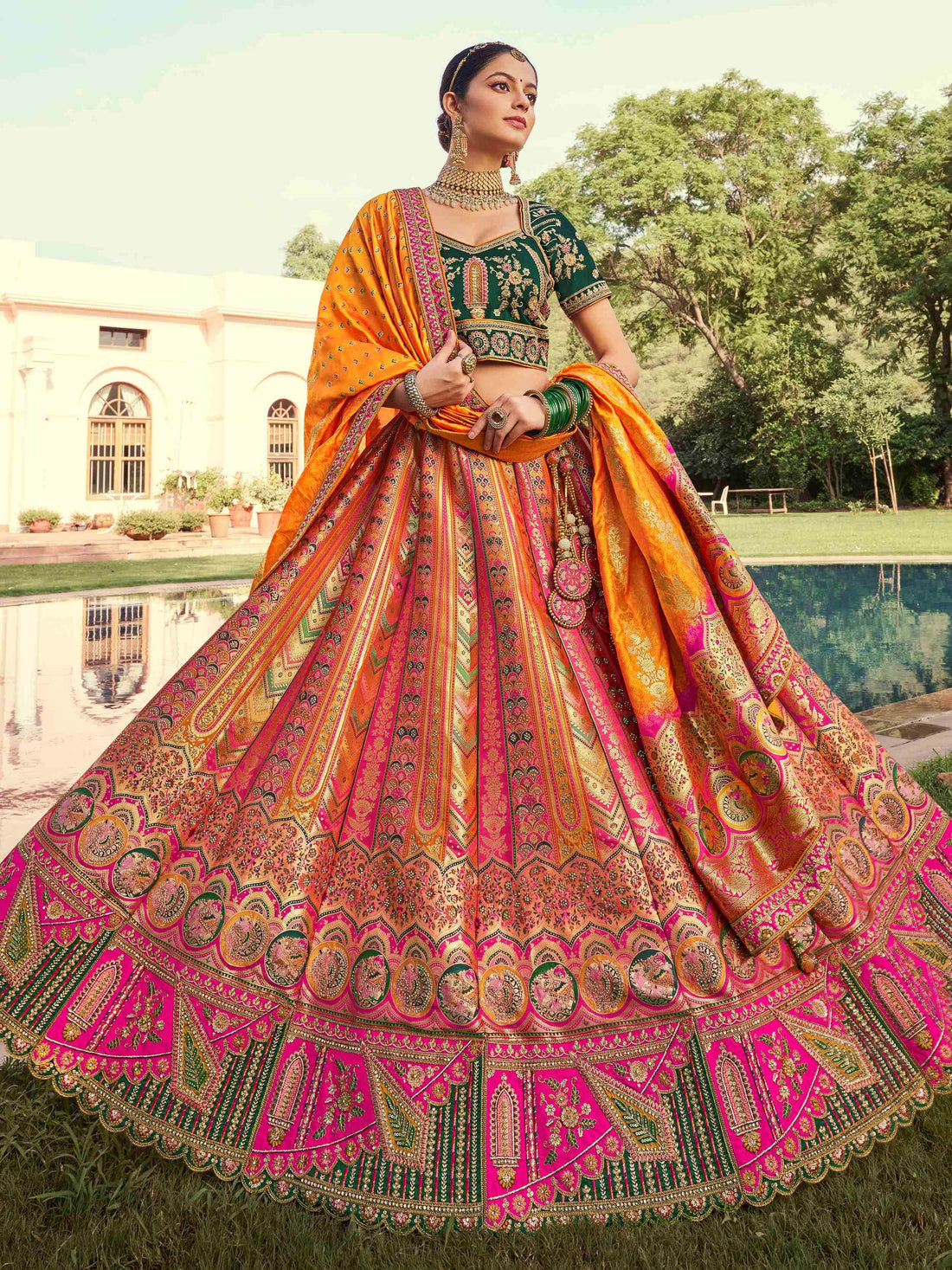 Astonishing Mustard Yellow Sequins Embroidery Banarasi Silk Engagement Wear Lehenga Choli - Zeel Clothing