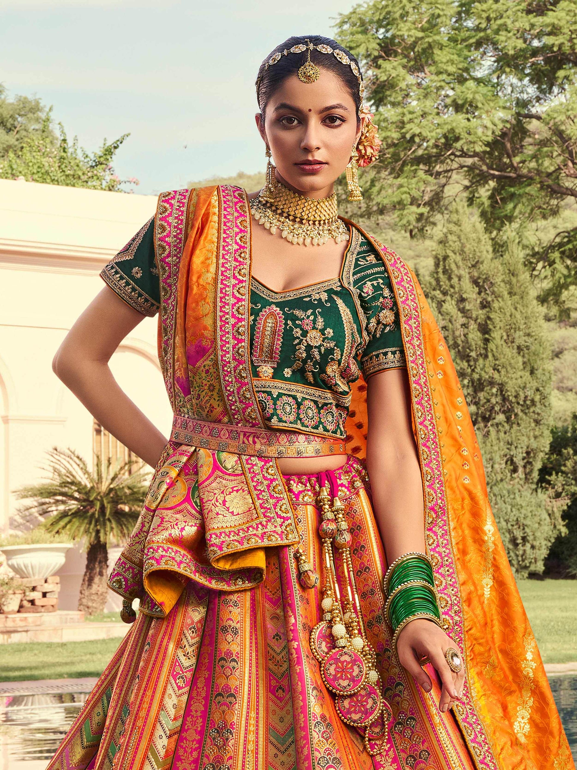 Astonishing Mustard Yellow Sequins Embroidery Banarasi Silk Engagement Wear Lehenga Choli - Zeel Clothing