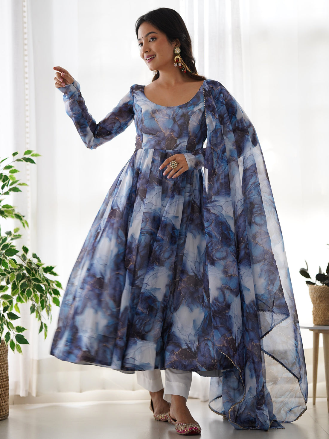 Astonishing Navy Blue Marble Print Organza Event Wear Anarkali Suit - Zeel Clothing
