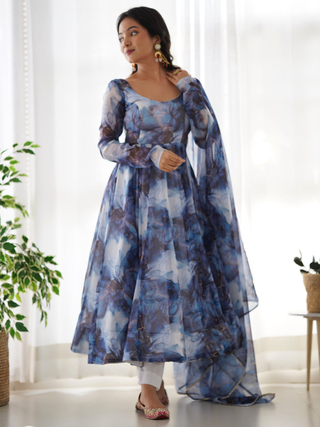 Astonishing Navy Blue Marble Print Organza Event Wear Anarkali Suit - Zeel Clothing