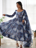Astonishing Navy Blue Marble Print Organza Event Wear Anarkali Suit - Zeel Clothing