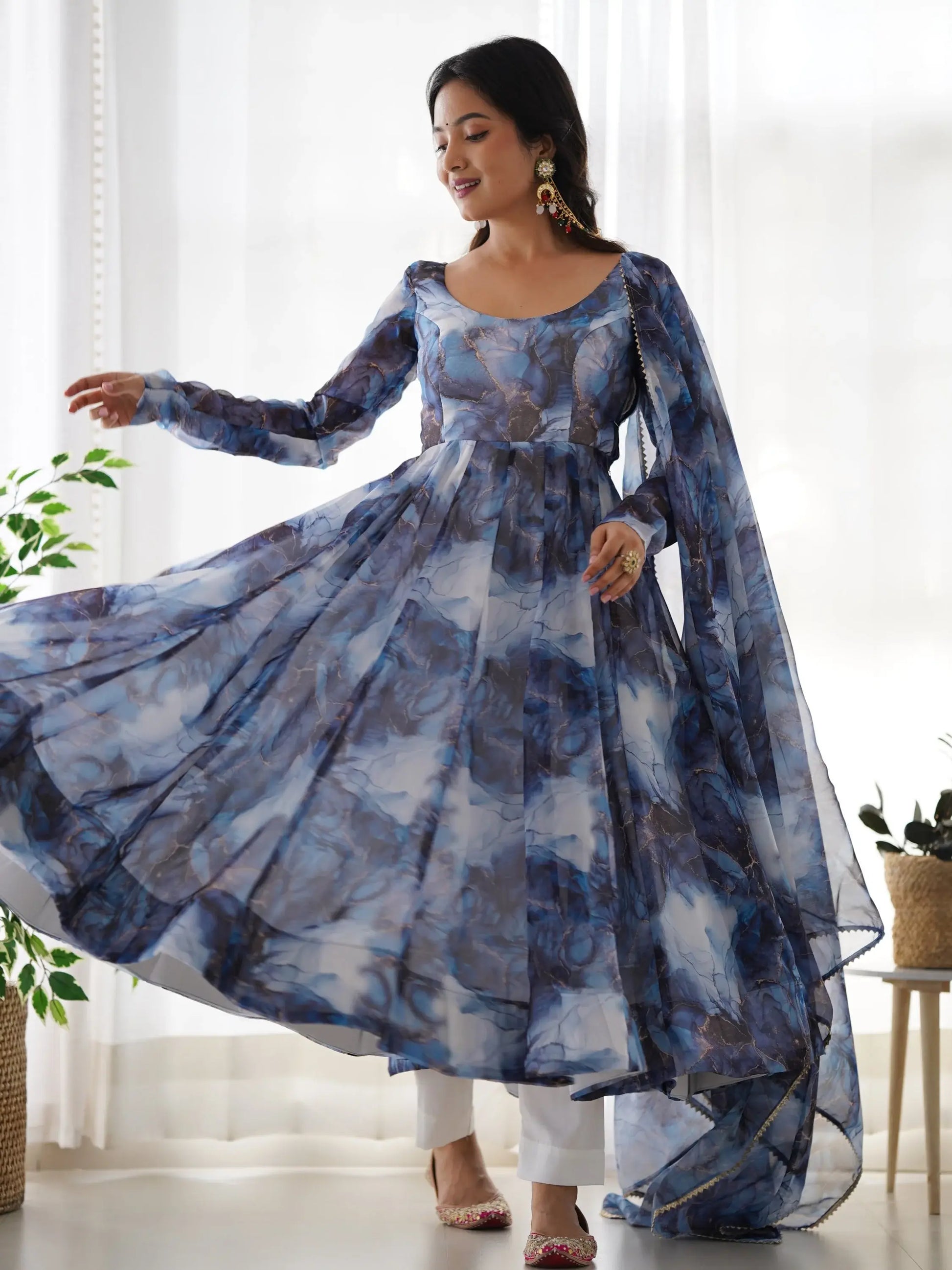 Astonishing Navy Blue Marble Print Organza Event Wear Anarkali Suit - Zeel Clothing