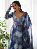 Astonishing Navy Blue Marble Print Organza Event Wear Anarkali Suit - Zeel Clothing