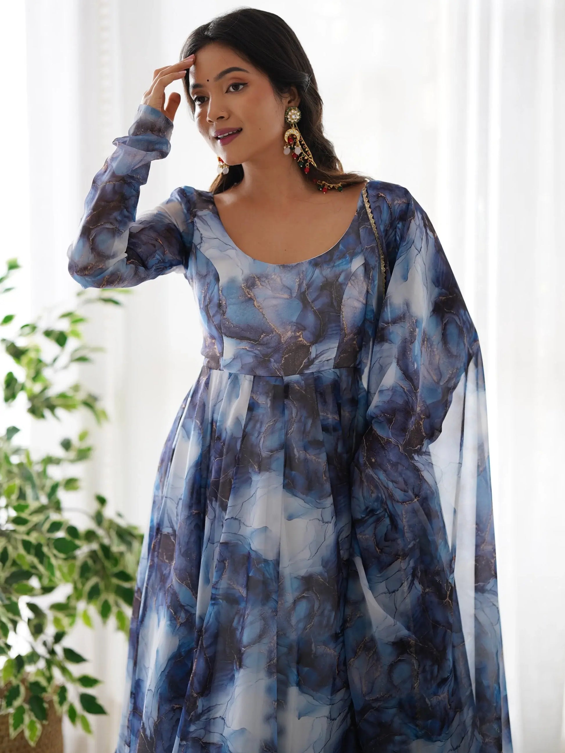 Astonishing Navy Blue Marble Print Organza Event Wear Anarkali Suit - Zeel Clothing