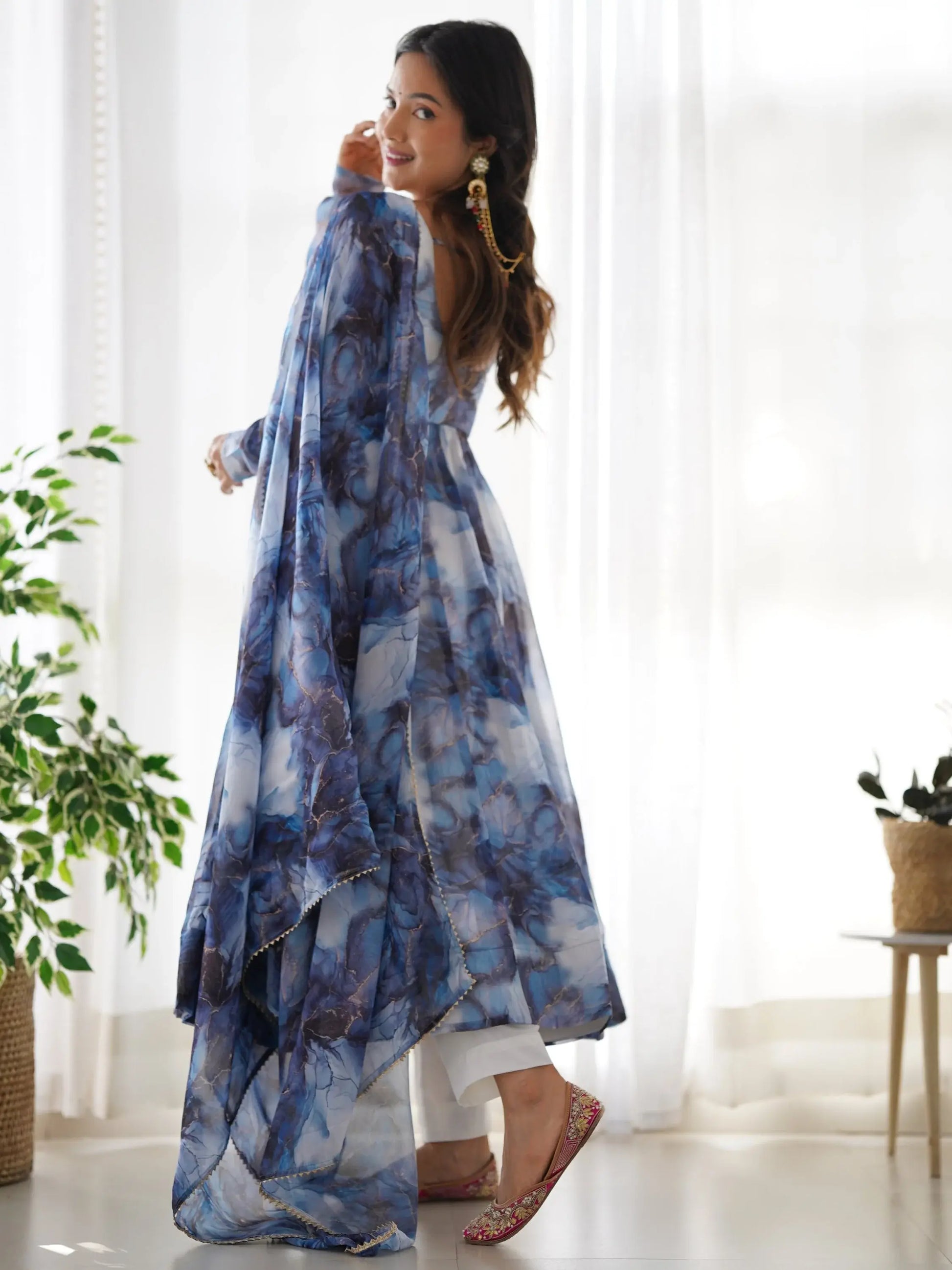 Astonishing Navy Blue Marble Print Organza Event Wear Anarkali Suit - Zeel Clothing