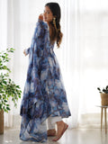Astonishing Navy Blue Marble Print Organza Event Wear Anarkali Suit - Zeel Clothing