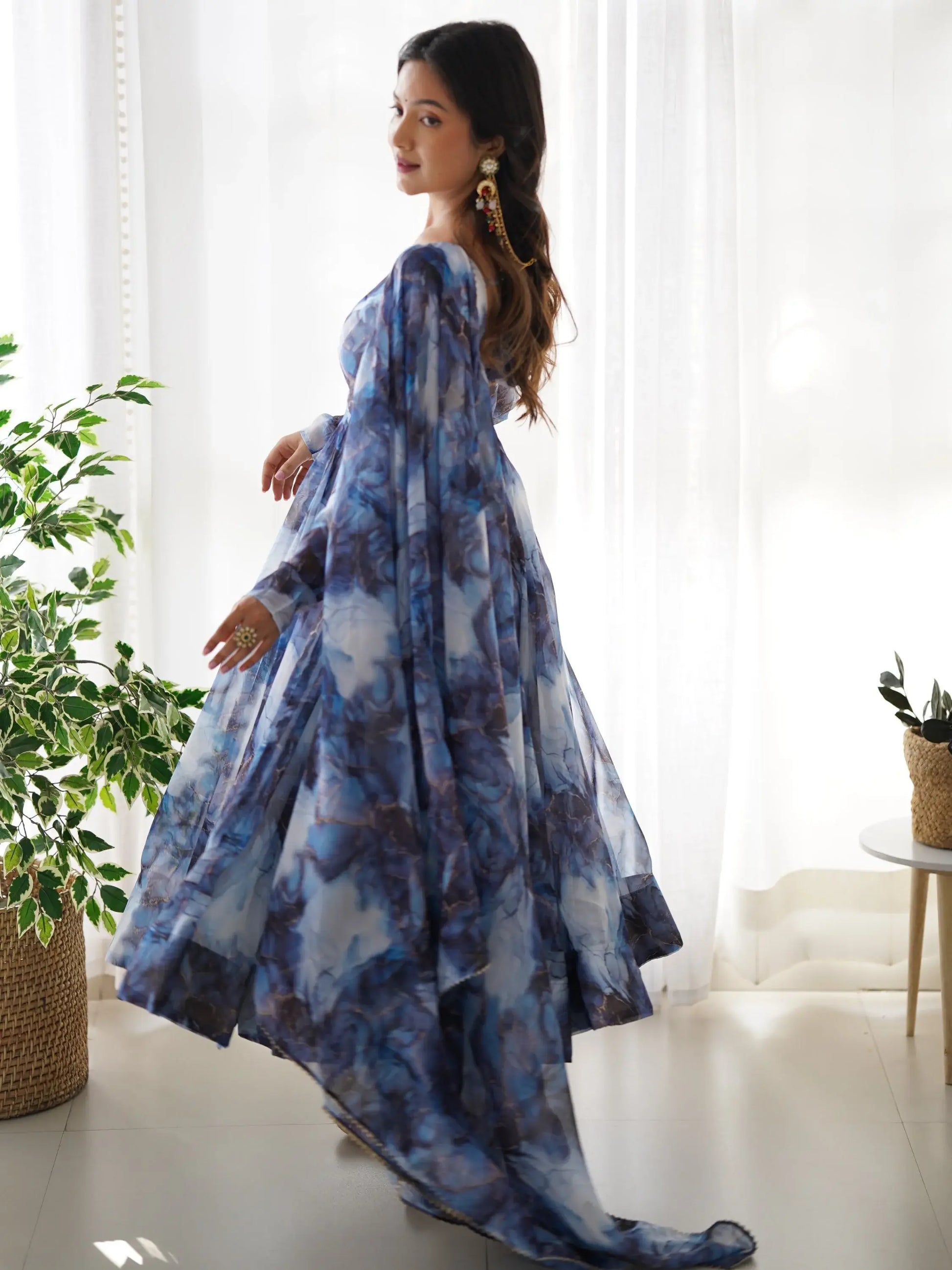 Astonishing Navy Blue Marble Print Organza Event Wear Anarkali Suit - Zeel Clothing