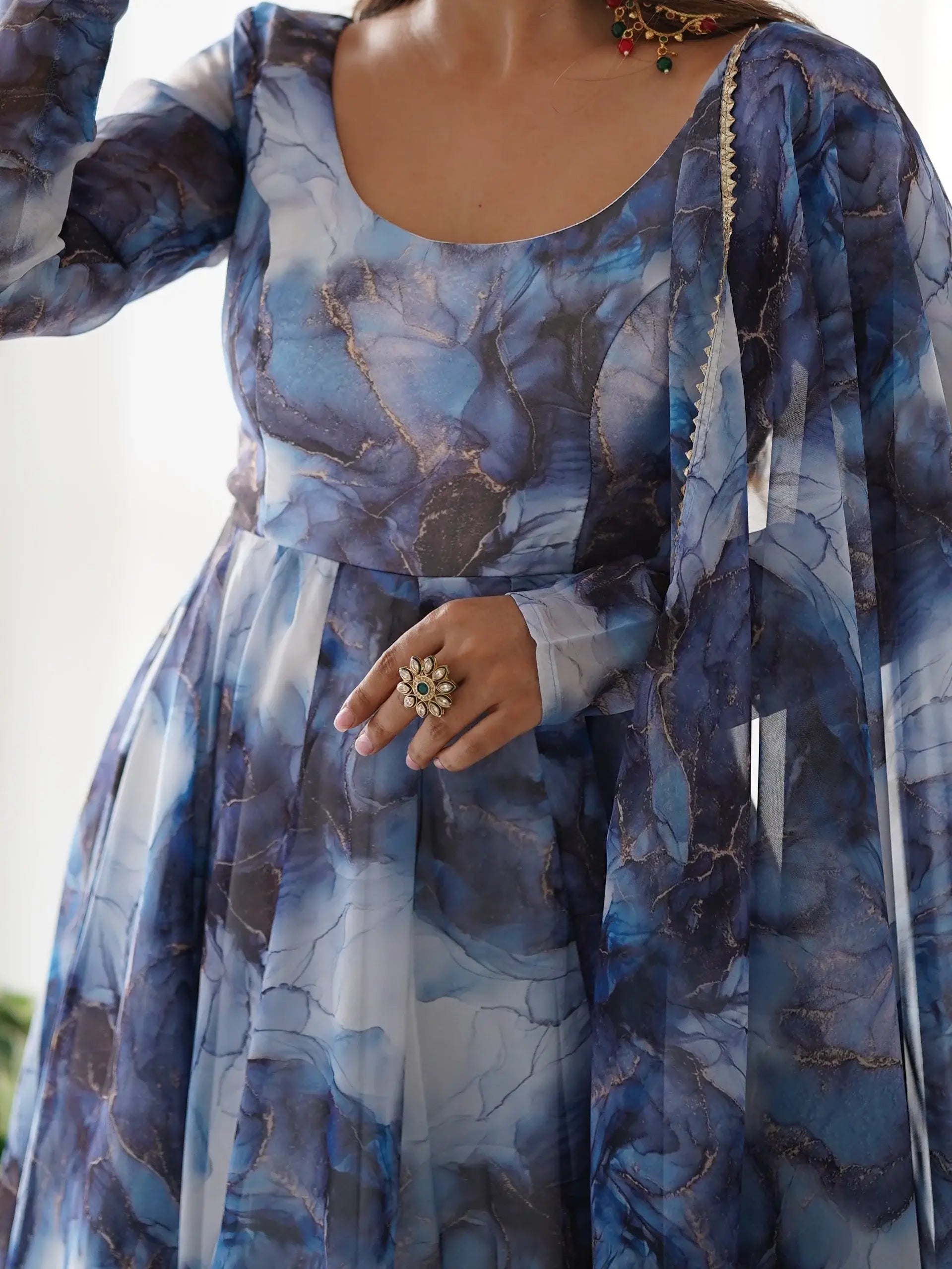 Astonishing Navy Blue Marble Print Organza Event Wear Anarkali Suit - Zeel Clothing