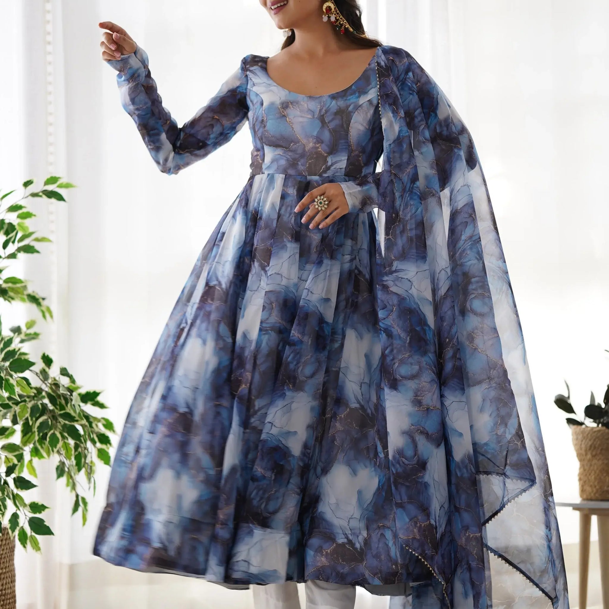 Astonishing Navy Blue Marble Print Organza Event Wear Anarkali Suit - Zeel Clothing