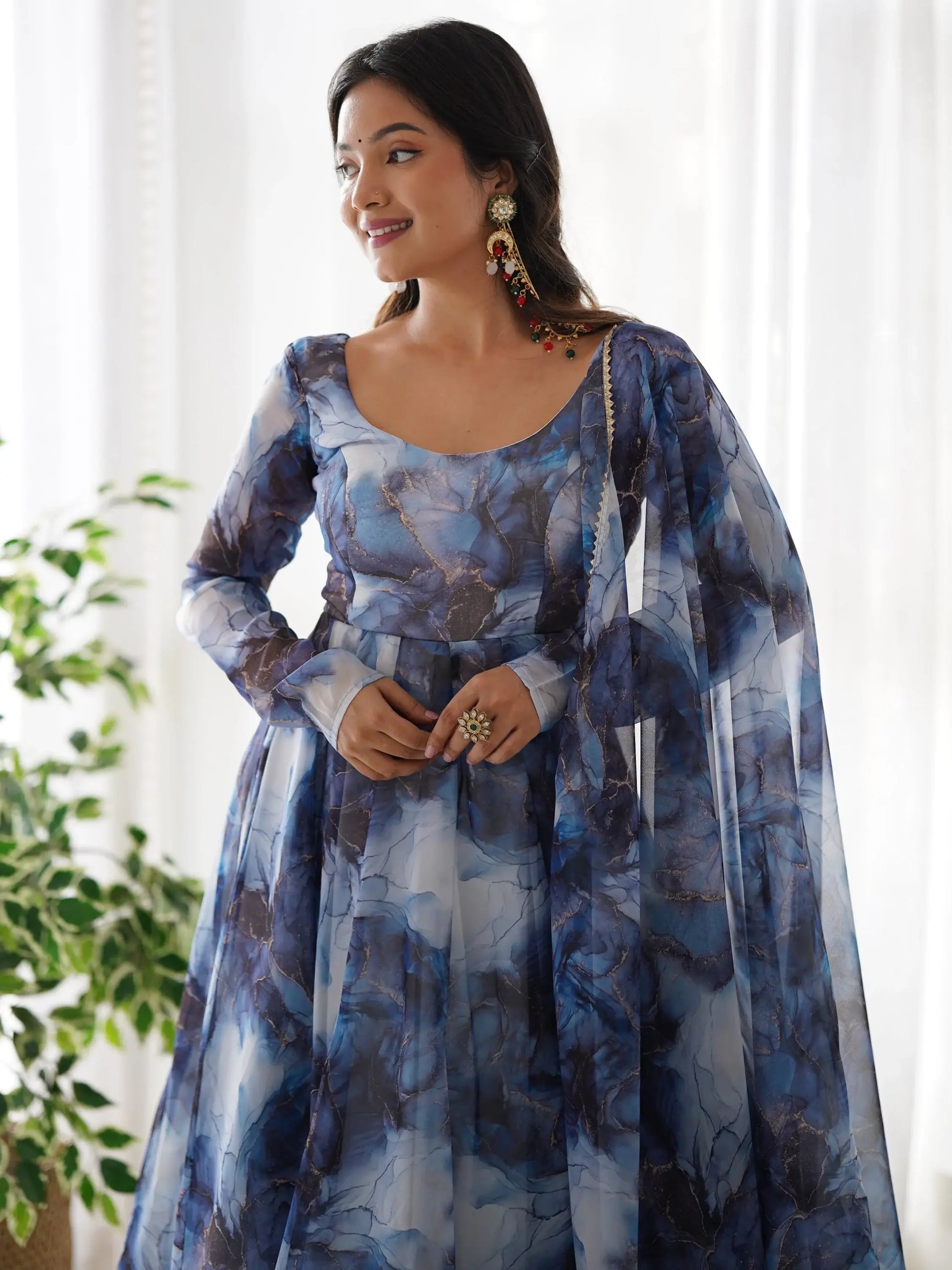 Astonishing Navy Blue Marble Print Organza Event Wear Anarkali Suit - Zeel Clothing