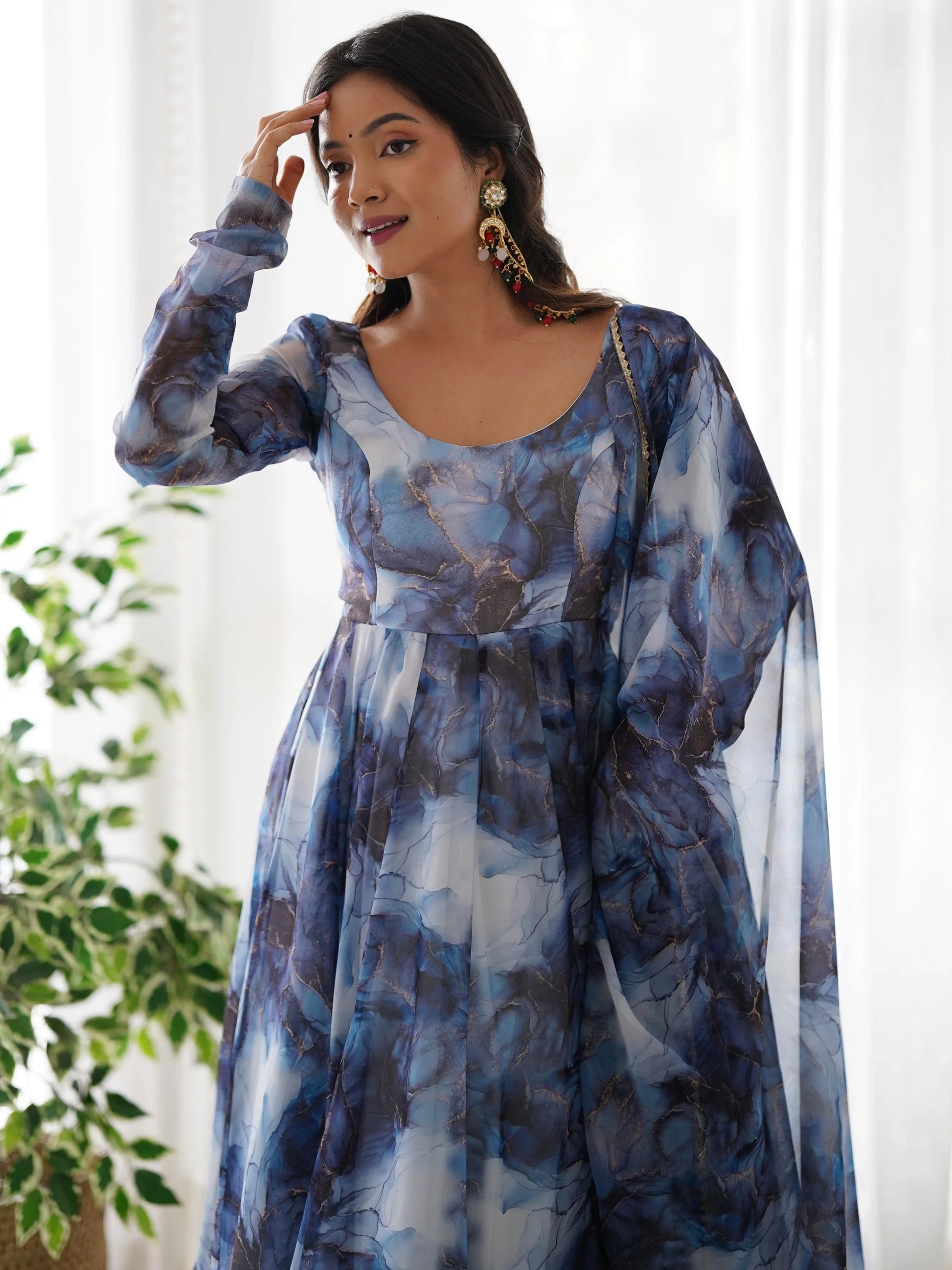Astonishing Navy Blue Marble Print Organza Event Wear Anarkali Suit - Zeel Clothing
