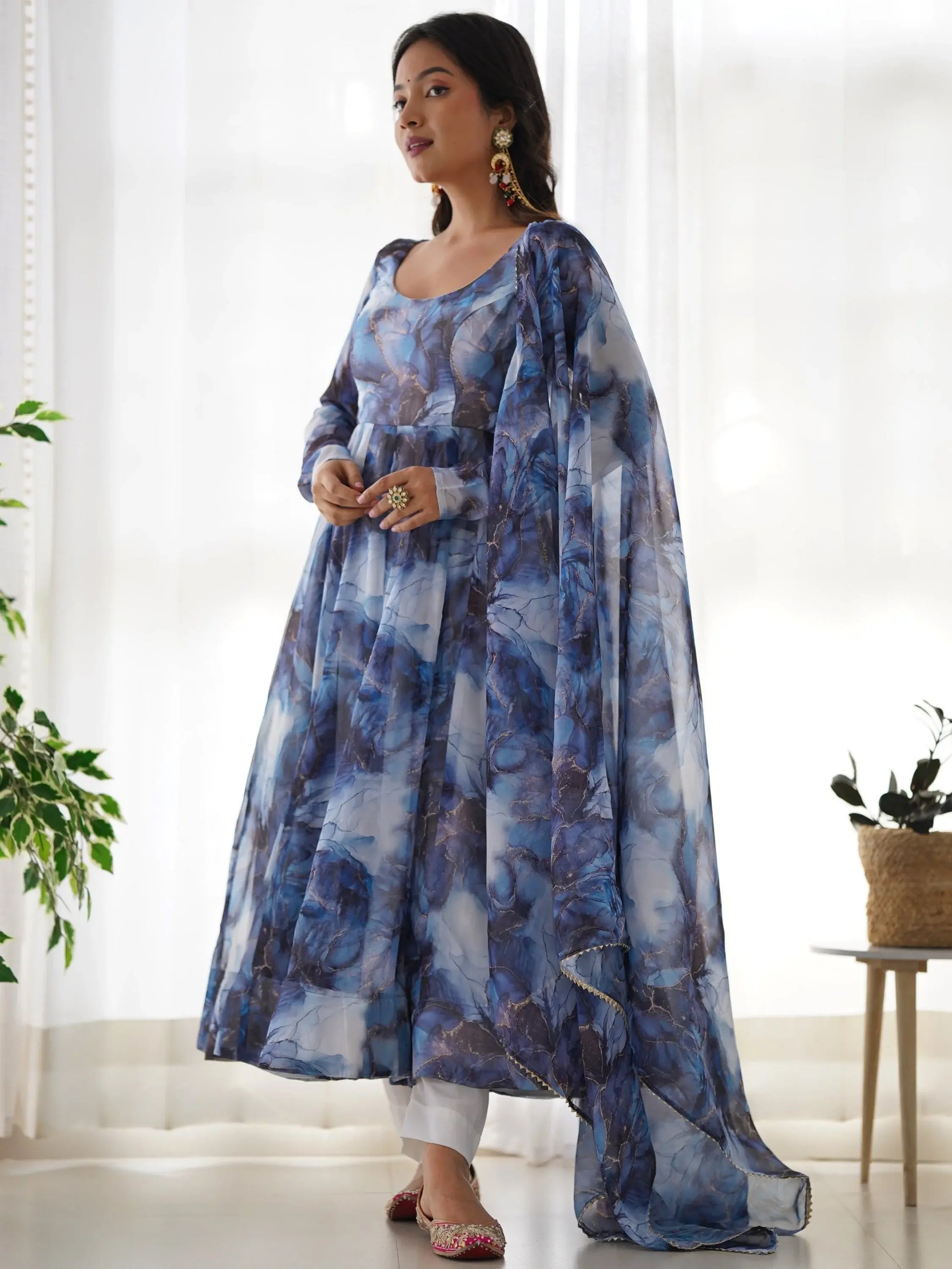 Astonishing Navy Blue Marble Print Organza Event Wear Anarkali Suit - Zeel Clothing