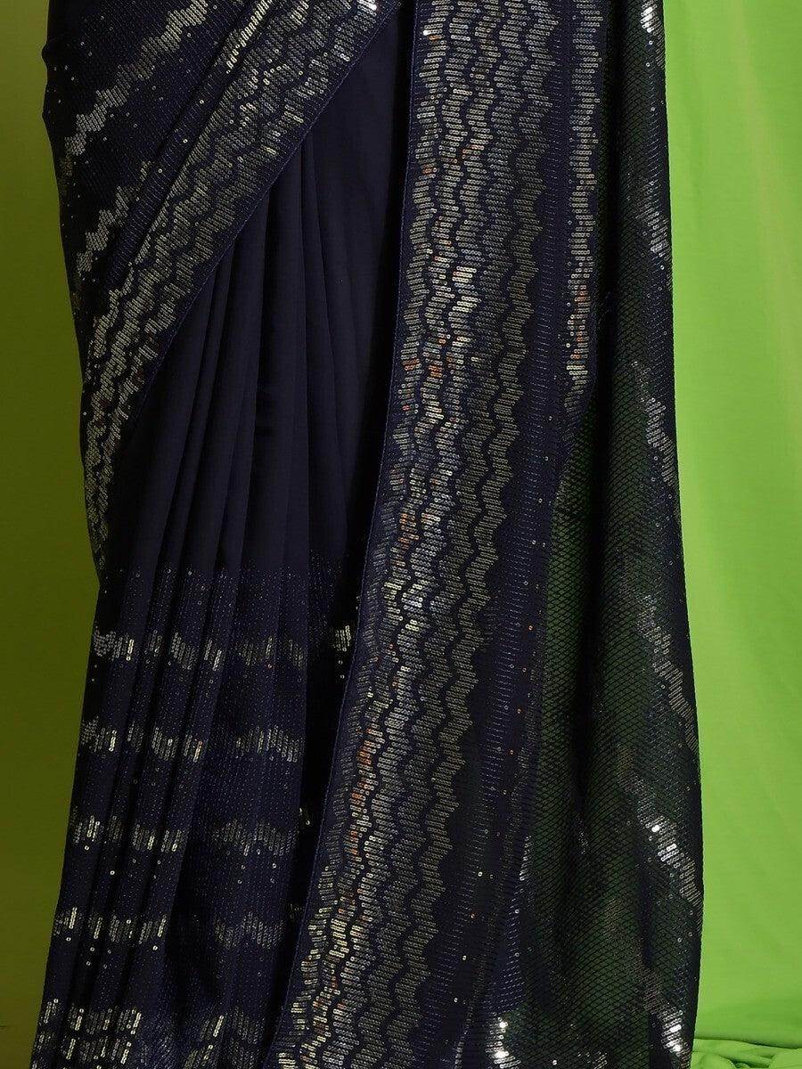Astonishing Navy Blue Sequins Georgette Engagement Wear Saree With Blouse - Zeel Clothing