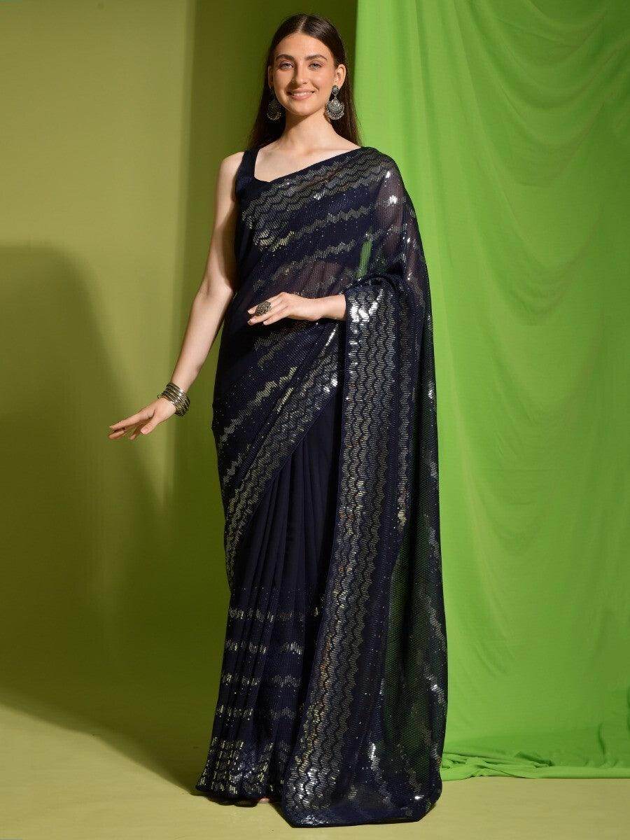 Astonishing Navy Blue Sequins Georgette Engagement Wear Saree With Blouse - Zeel Clothing
