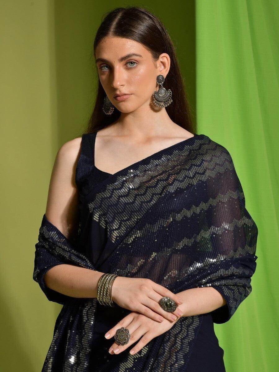 Astonishing Navy Blue Sequins Georgette Engagement Wear Saree With Blouse - Zeel Clothing