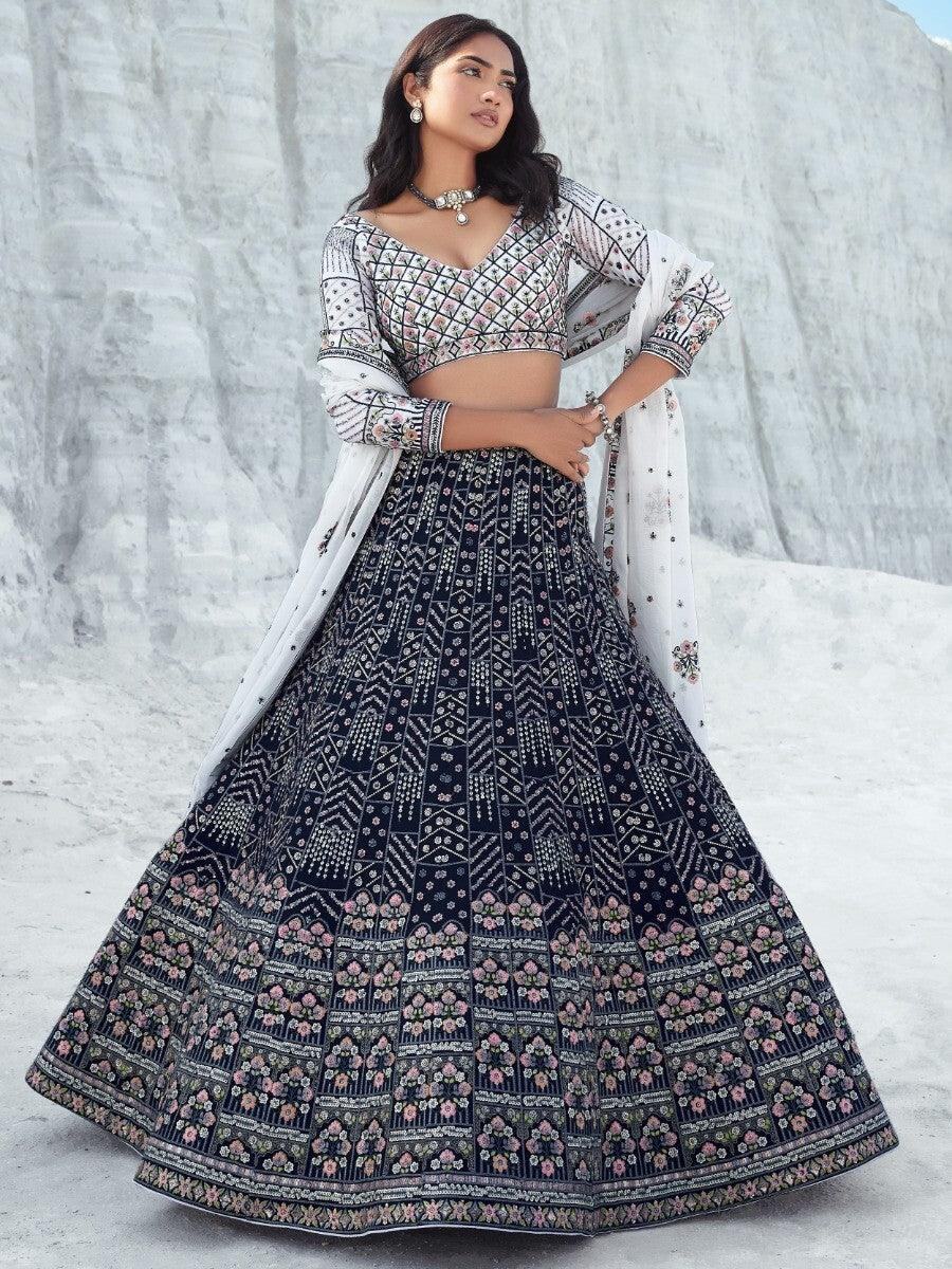 Astonishing Navy Blue Sequins Georgette Lehenga Choli With Dupatta - Zeel Clothing