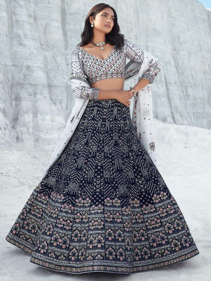 Astonishing Navy Blue Sequins Georgette Lehenga Choli With Dupatta - Zeel Clothing