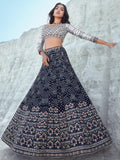 Astonishing Navy Blue Sequins Georgette Lehenga Choli With Dupatta - Zeel Clothing