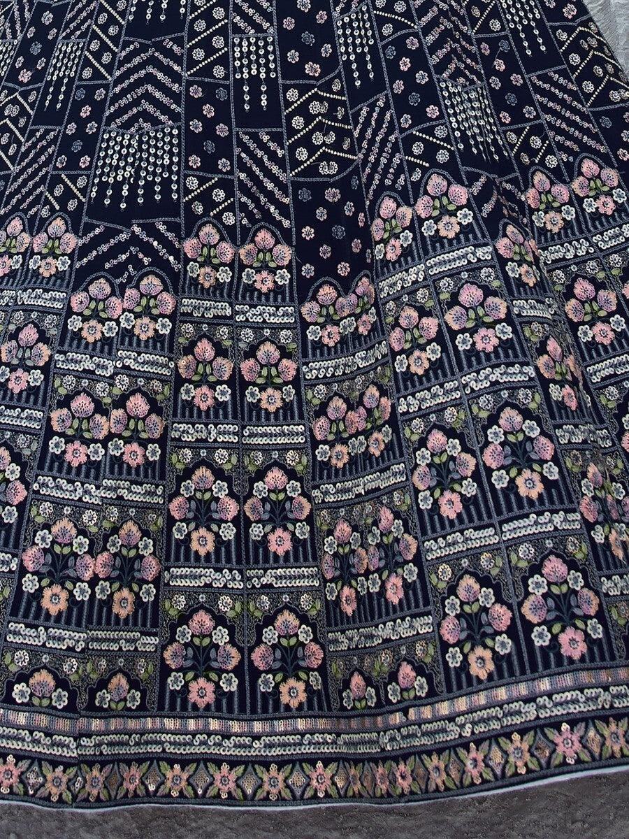 Astonishing Navy Blue Sequins Georgette Lehenga Choli With Dupatta - Zeel Clothing