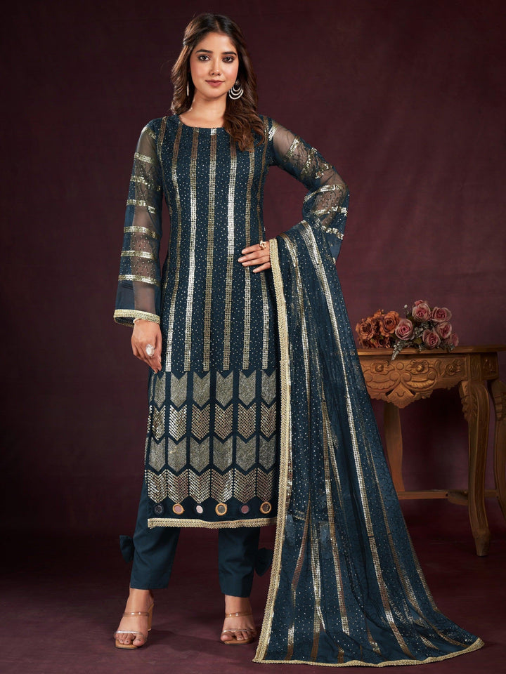 Astonishing Navy Blue Sequins Net Traditional Salwar Kameez With Dupatta