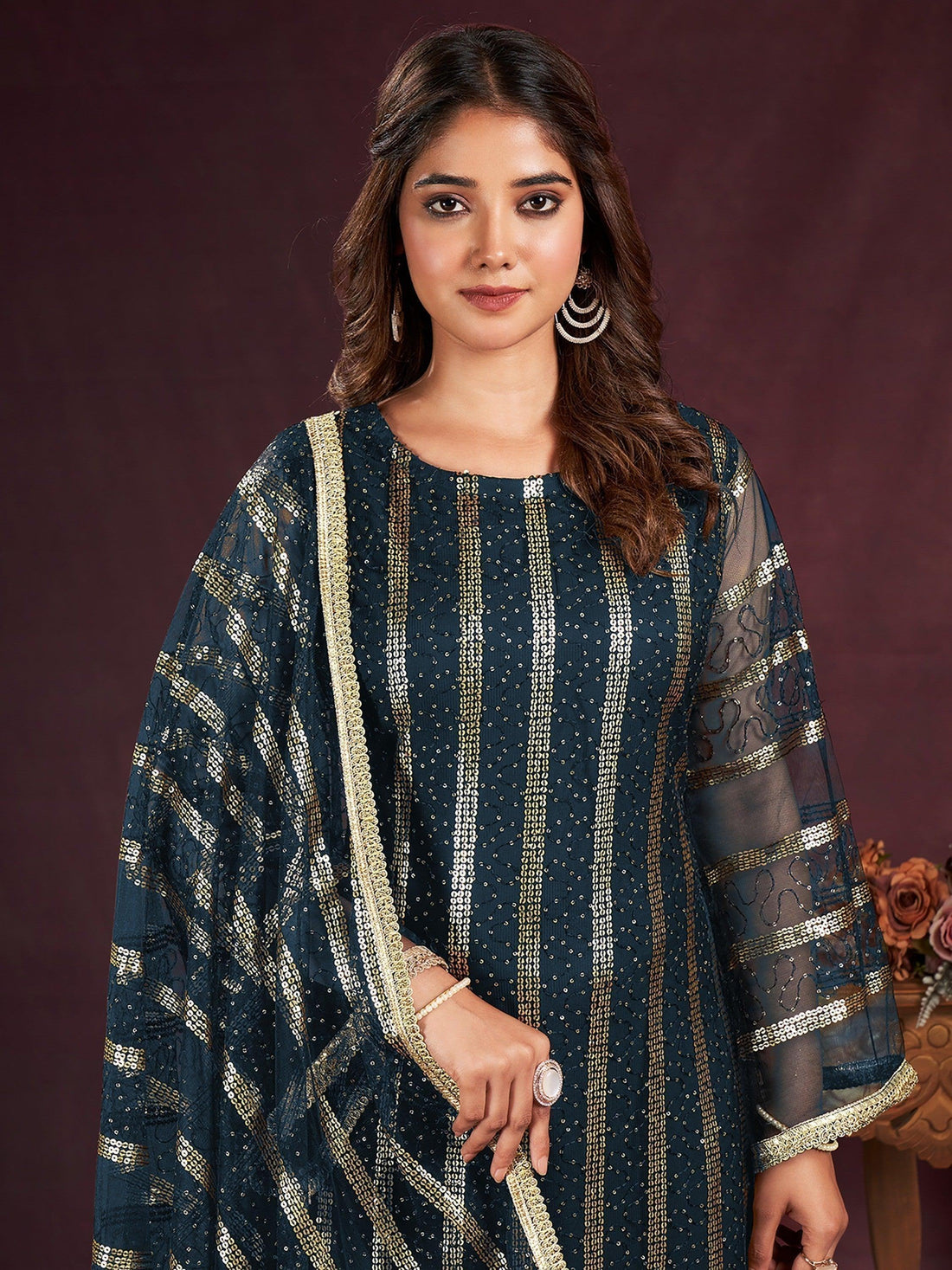 Astonishing Navy Blue Sequins Net Traditional Salwar Kameez With Dupatta