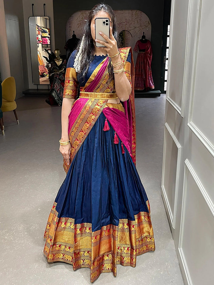 Astonishing Navy Blue Zari Cotton Half Saree Lehenga With Belt